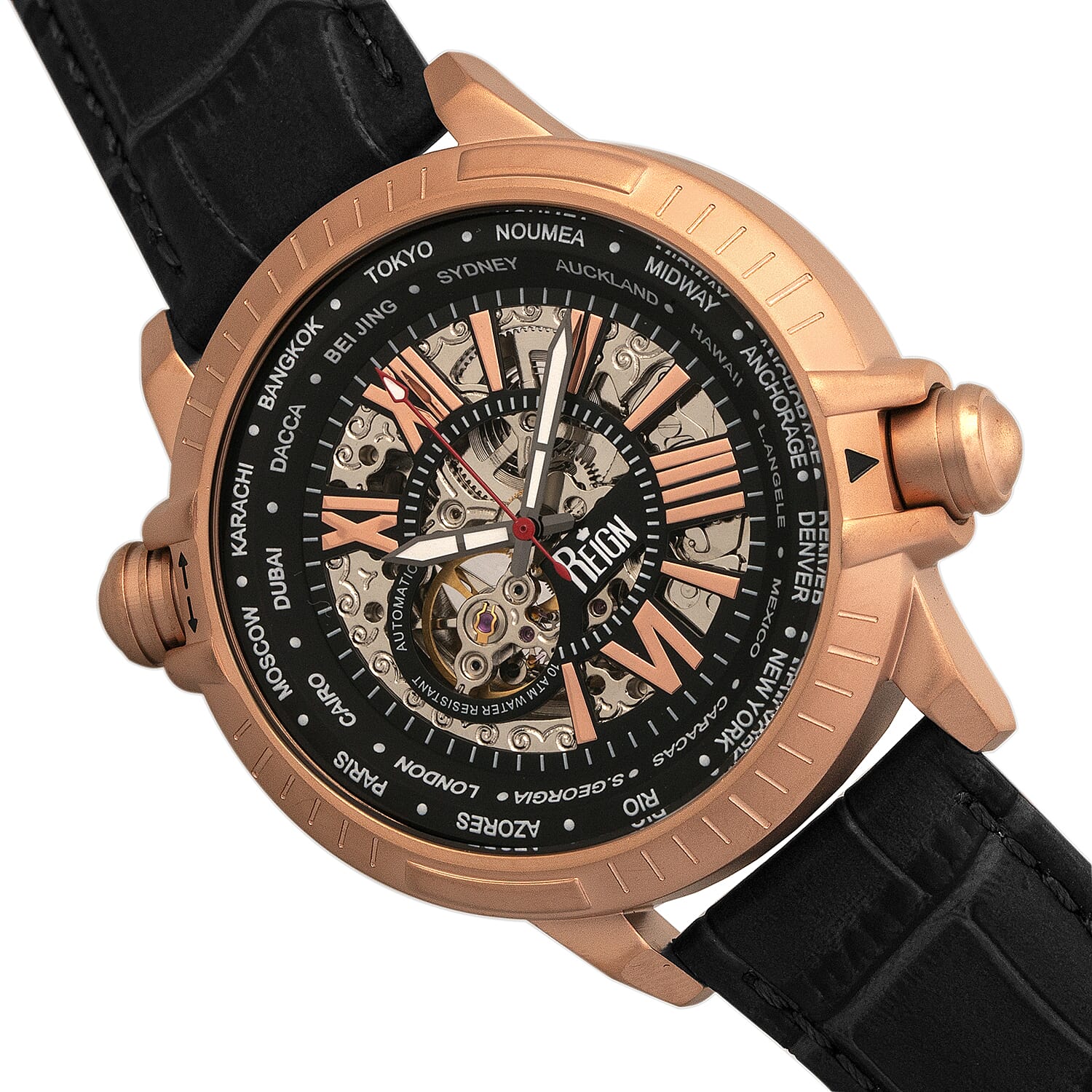 Reign Thanos Automatic Movement Skeleton Dial Water Resistant Watch with Stainless Steel Case and Genuine Leather Strap - Rose Gold & Black