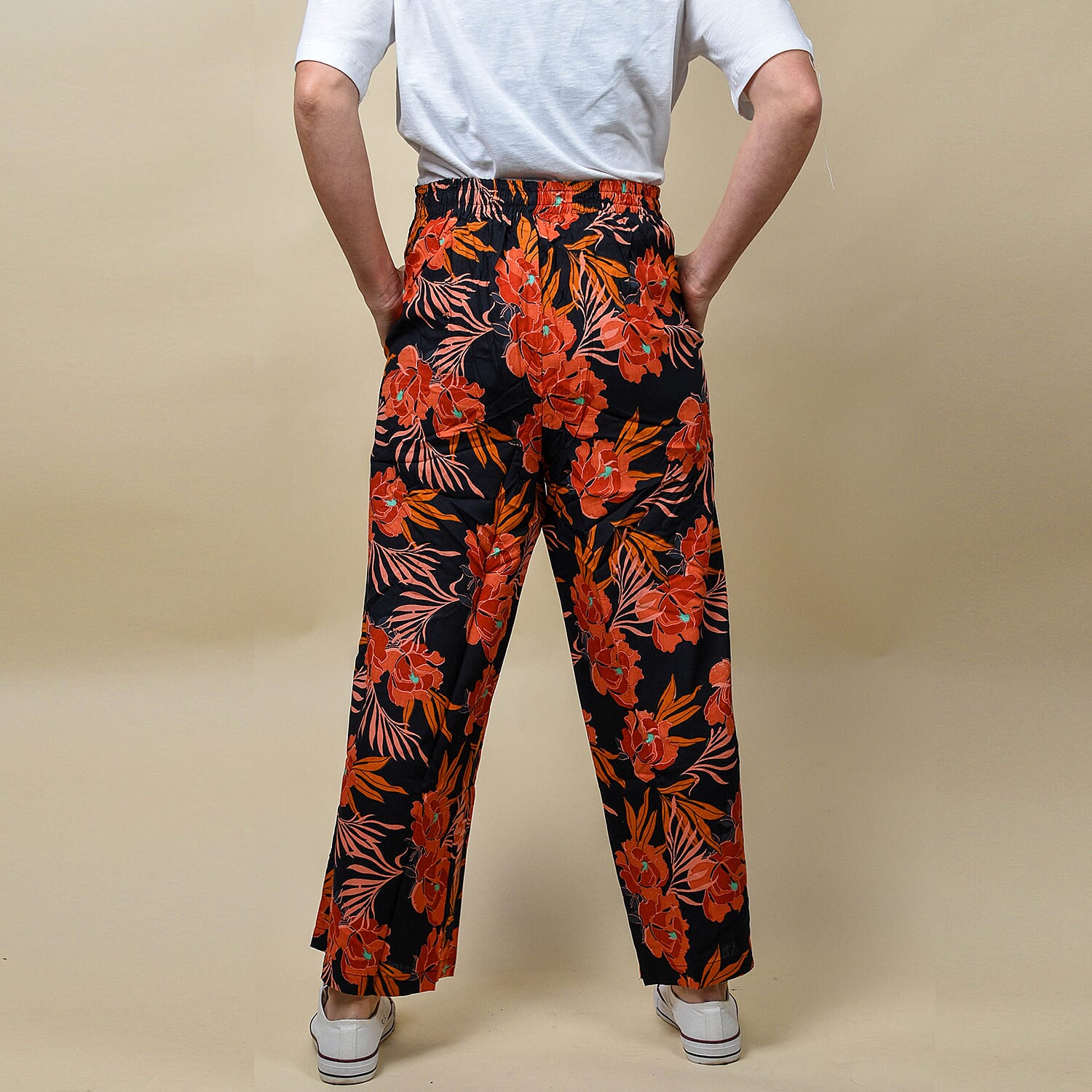 100% Viscose Flower Print Palazzo (Size 14) -  Black  - Multi