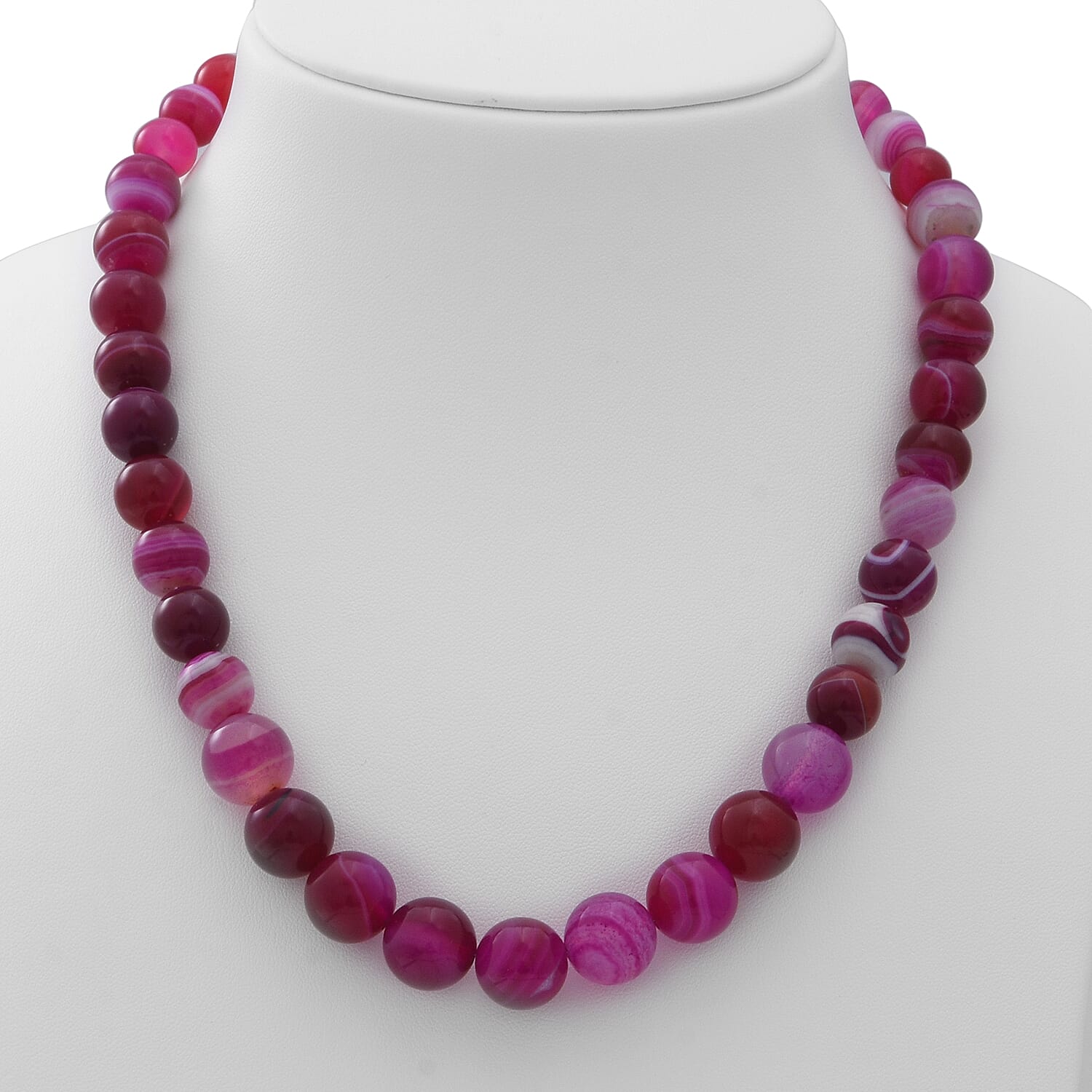 Red Colour Striped Agate Beads Necklace (Size - 20) in Rhodium Overlay Sterling Silver 250.00 Ct
