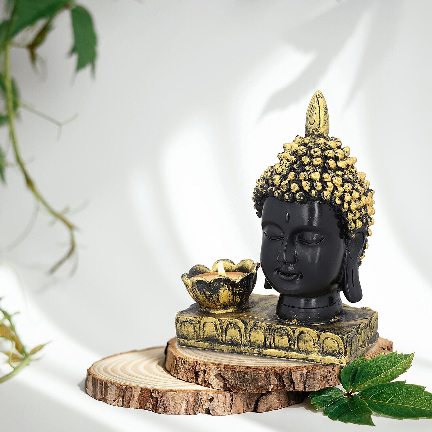 Decorative Lotus Buddha Head Candlestick Holder (Size 16x12x7 Cm) - Black & Gold