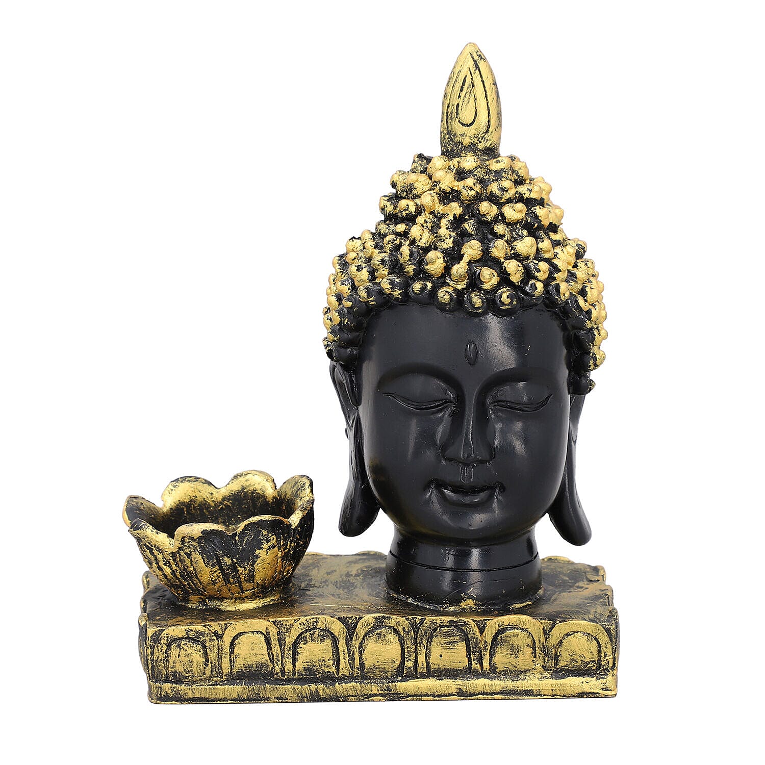 Decorative Lotus Buddha Head Candlestick Holder (Size 16x12x7 Cm) - Black & Gold