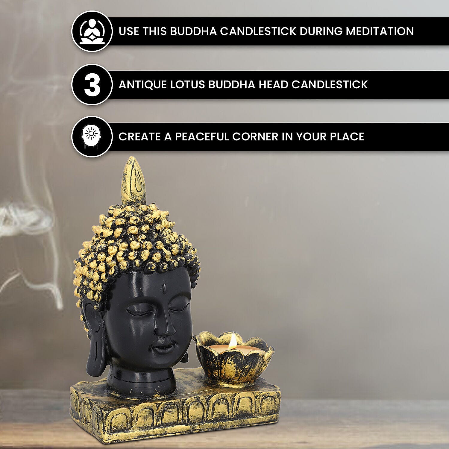 Decorative Lotus Buddha Head Candlestick Holder (Size 16x12x7 Cm) - Black & Gold