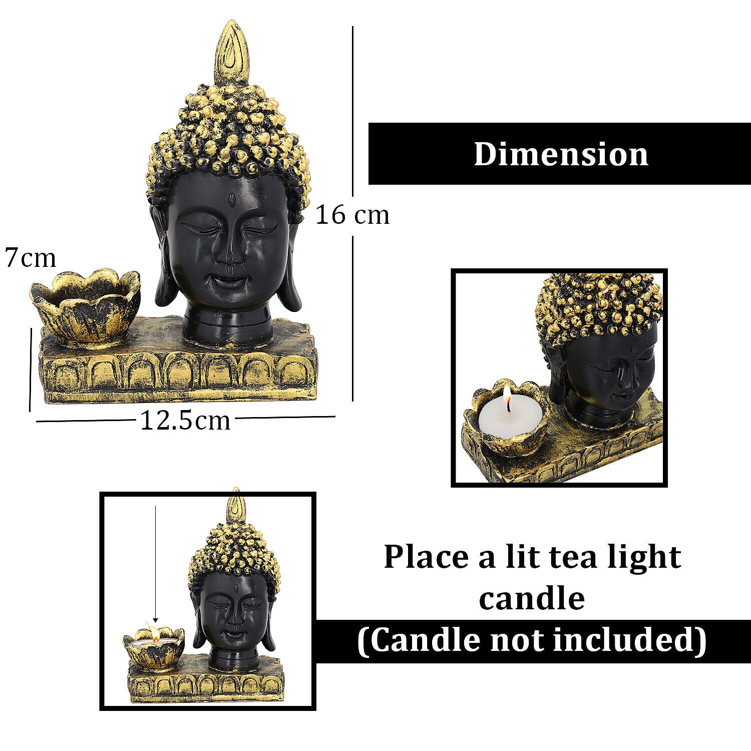 Decorative Lotus Buddha Head Candlestick Holder (Size 16x12x7 Cm) - Black & Gold