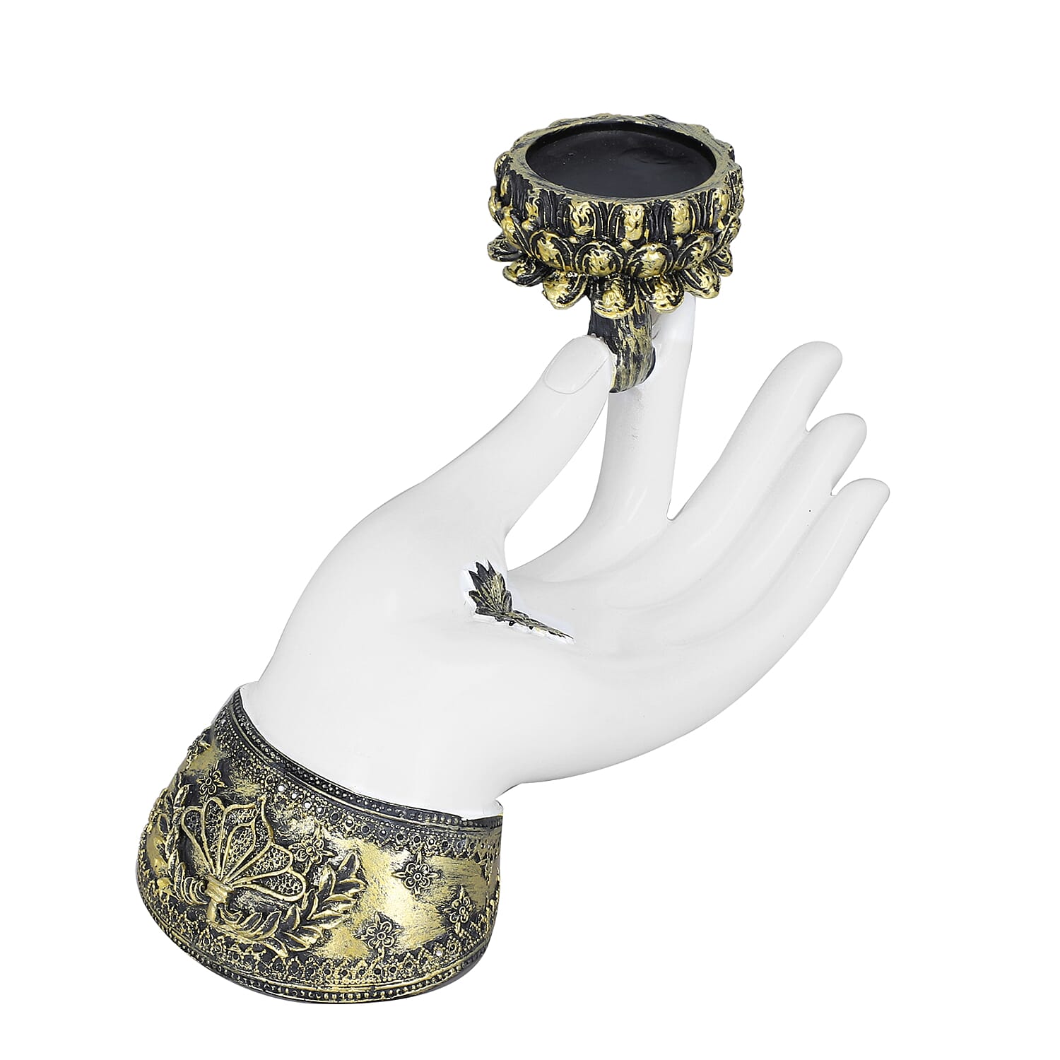 Decorative Flatwise Buddha Lotus Palm with Candelstick Holder (Size 21x10x7 Cm) - White & Gold