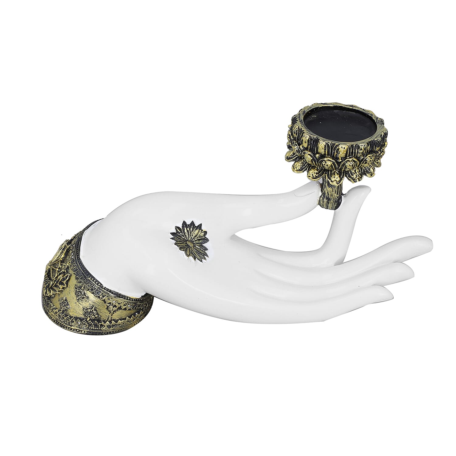 Decorative Flatwise Buddha Lotus Palm with Candelstick Holder (Size 21x10x7 Cm) - White & Gold