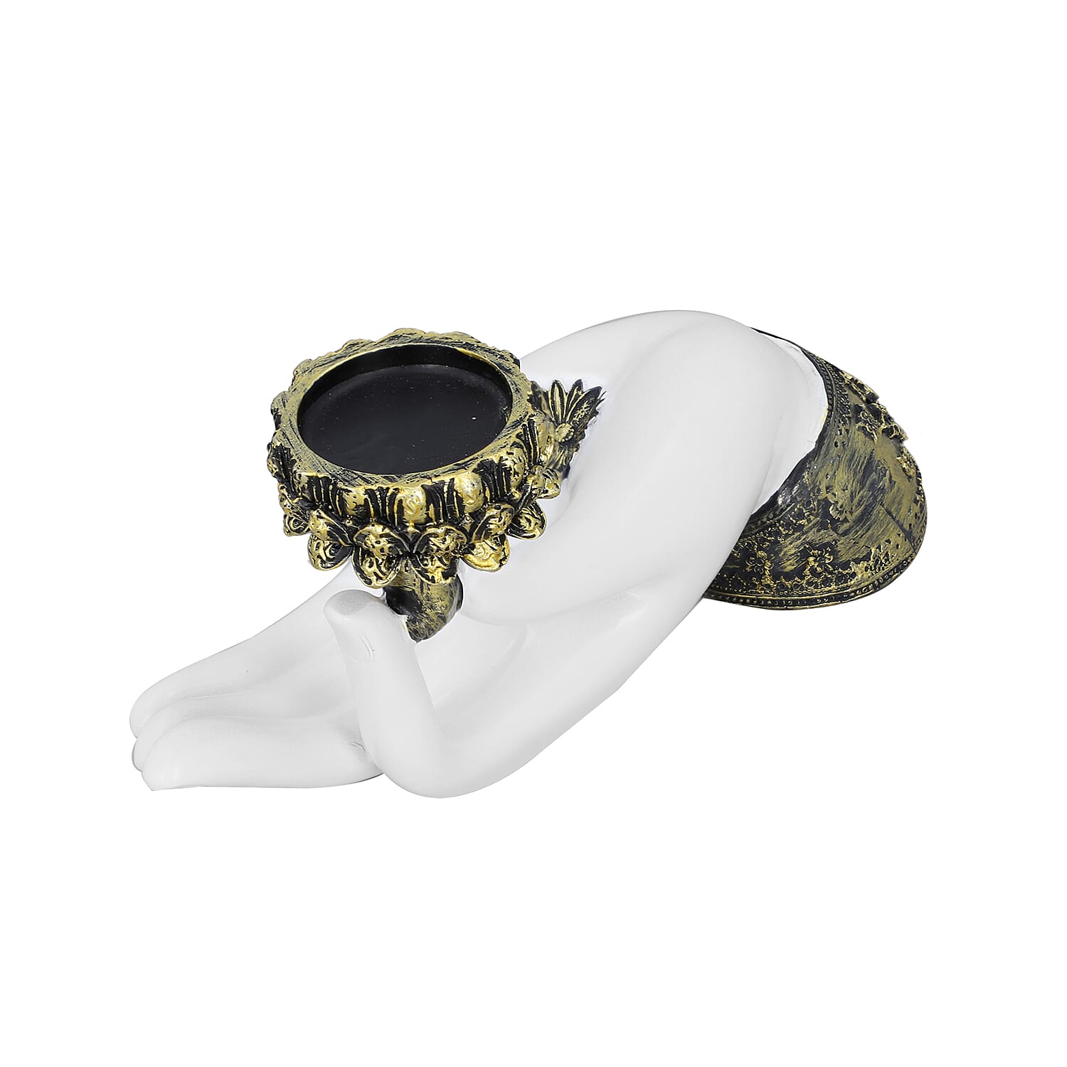 Decorative Flatwise Buddha Lotus Palm with Candelstick Holder (Size 21x10x7 Cm) - White & Gold