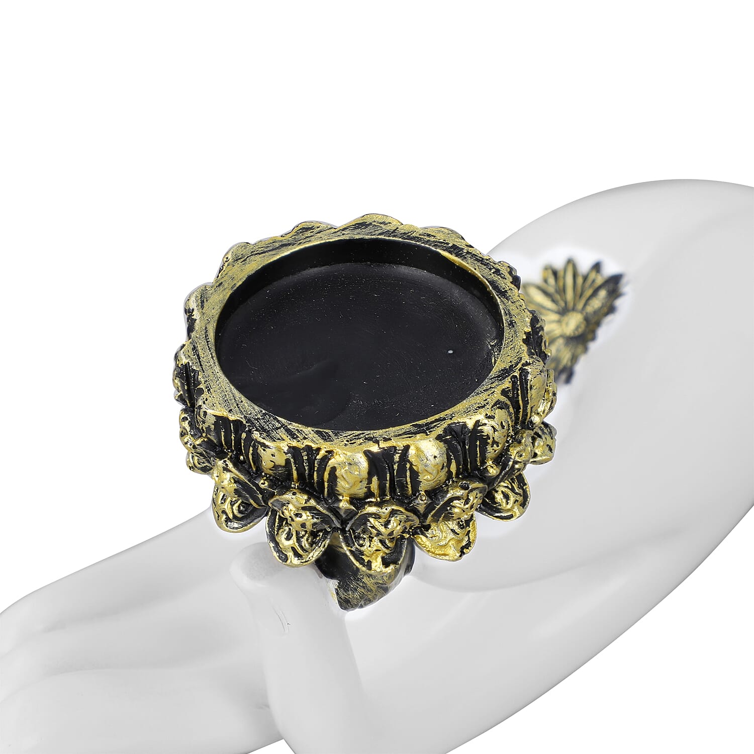 Decorative Flatwise Buddha Lotus Palm with Candelstick Holder (Size 21x10x7 Cm) - White & Gold