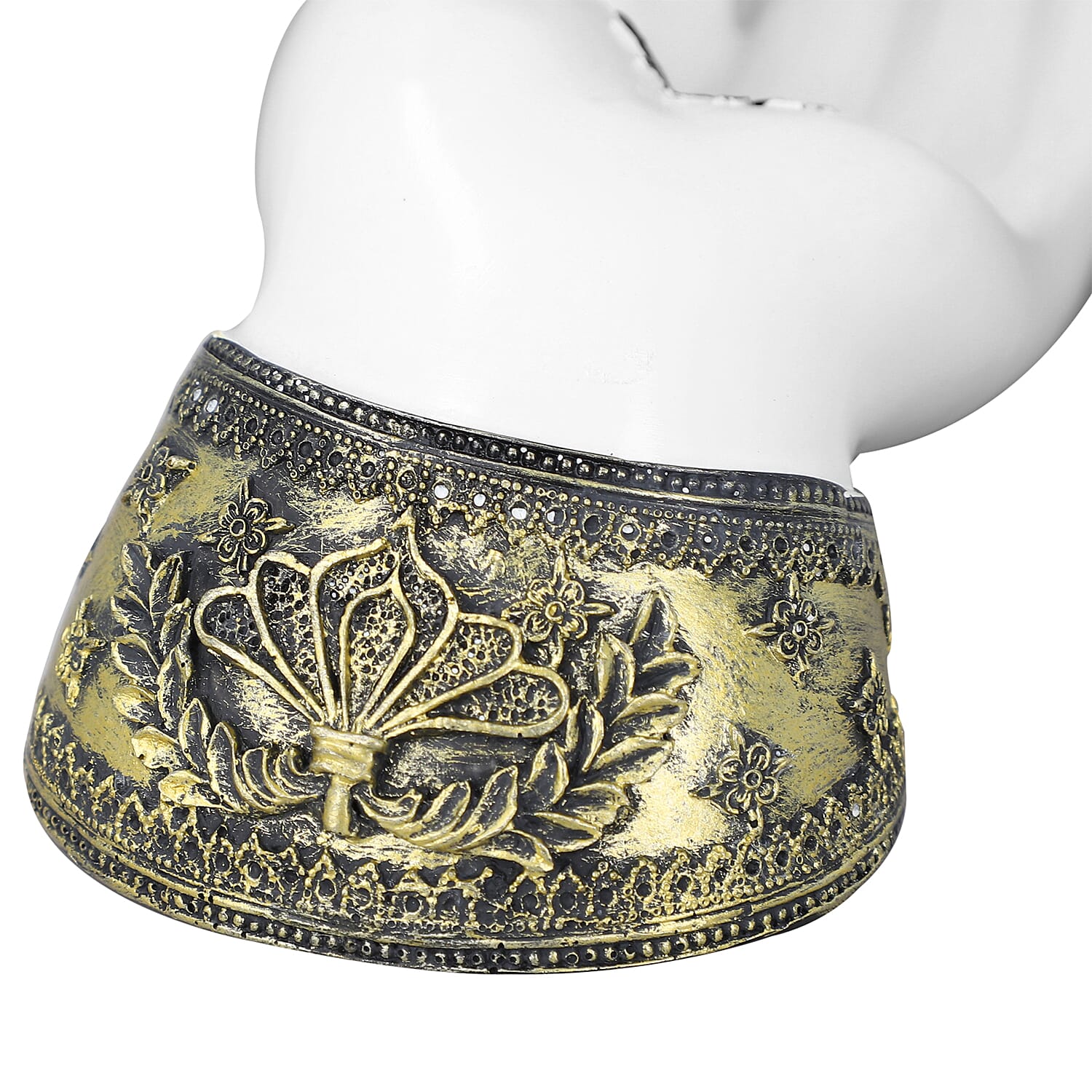 Decorative Flatwise Buddha Lotus Palm with Candelstick Holder (Size 21x10x7 Cm) - White & Gold