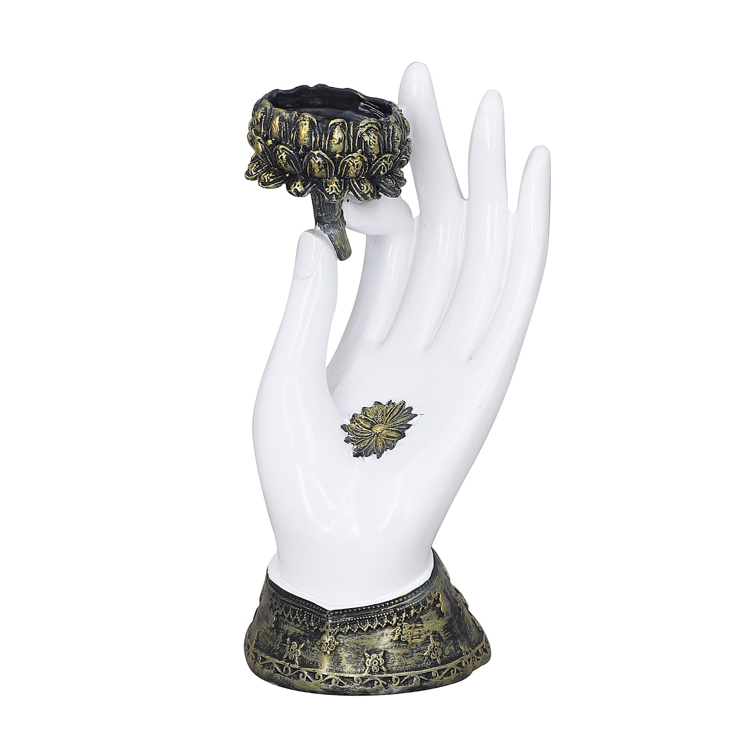 Decorative Standing Buddha Lotus Palm with Candelstick Holder (Size 18x11x8 Cm) - White, Black & Gold
