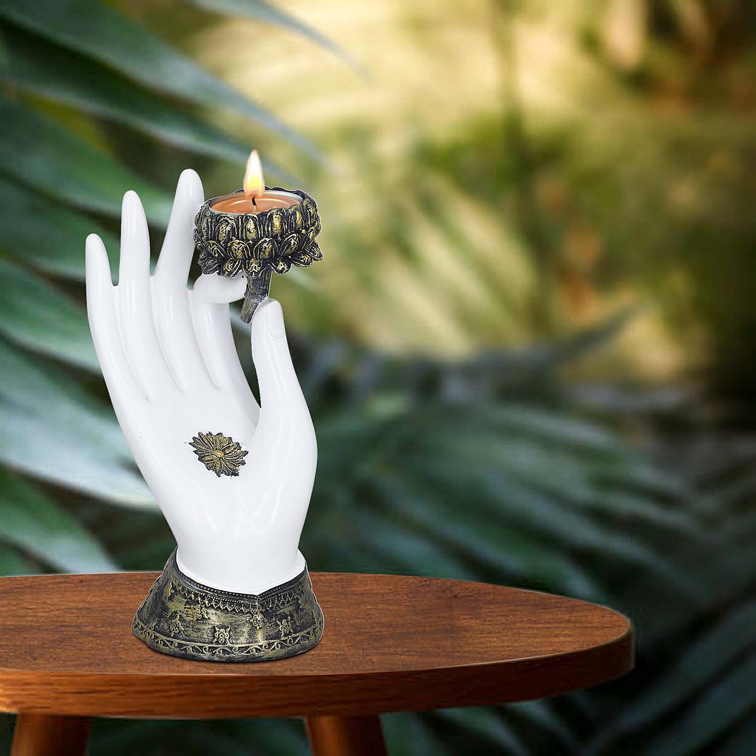Decorative Standing Buddha Lotus Palm with Candelstick Holder (Size 18x11x8 Cm) - White, Black & Gold