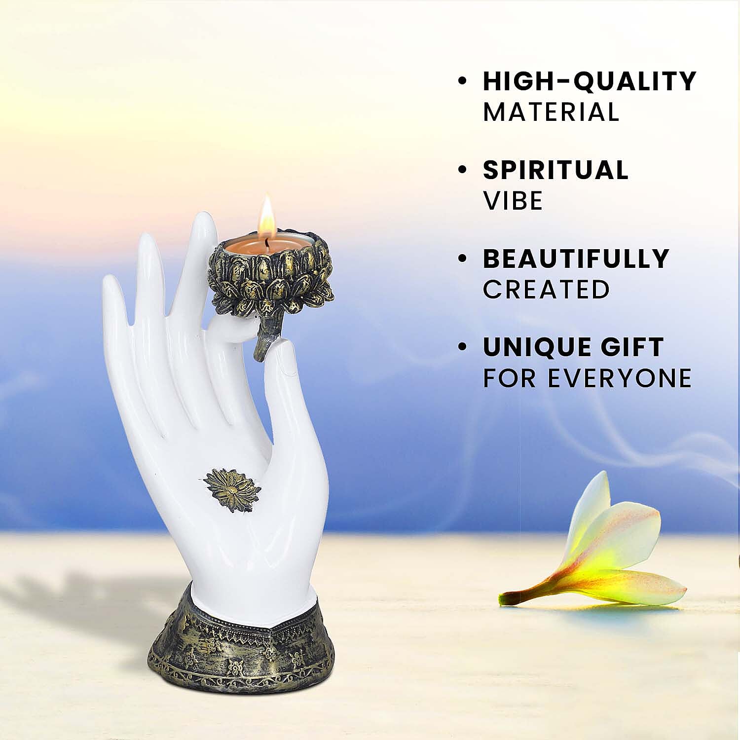 Decorative Standing Buddha Lotus Palm with Candelstick Holder (Size 18x11x8 Cm) - White, Black & Gold