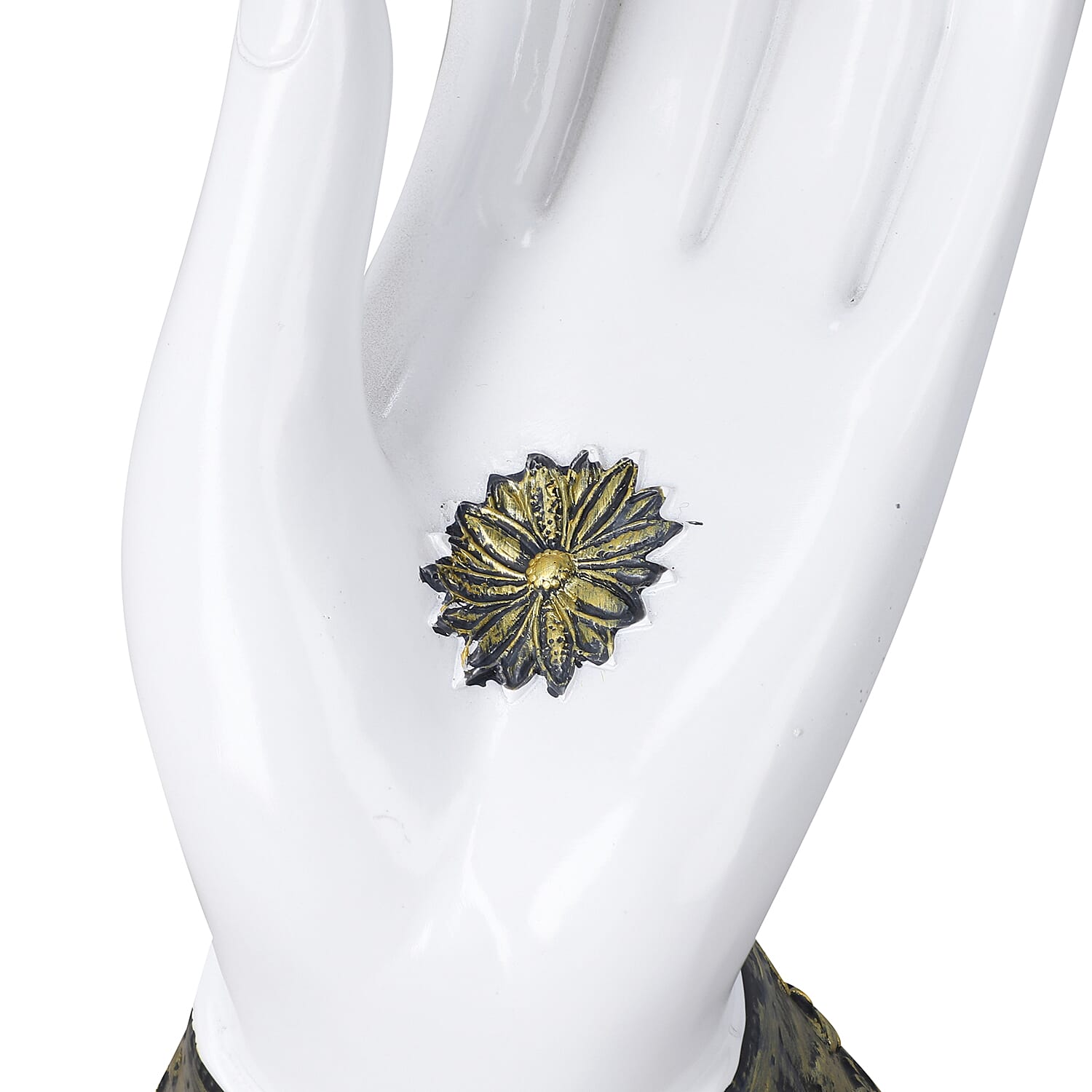 Decorative Standing Buddha Lotus Palm with Candelstick Holder (Size 18x11x8 Cm) - White, Black & Gold