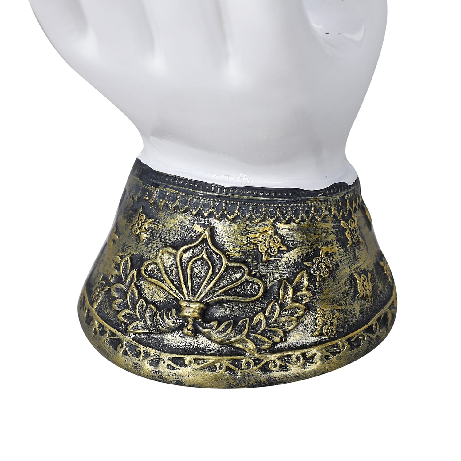 Decorative Standing Buddha Lotus Palm with Candelstick Holder (Size 18x11x8 Cm) - White, Black & Gold