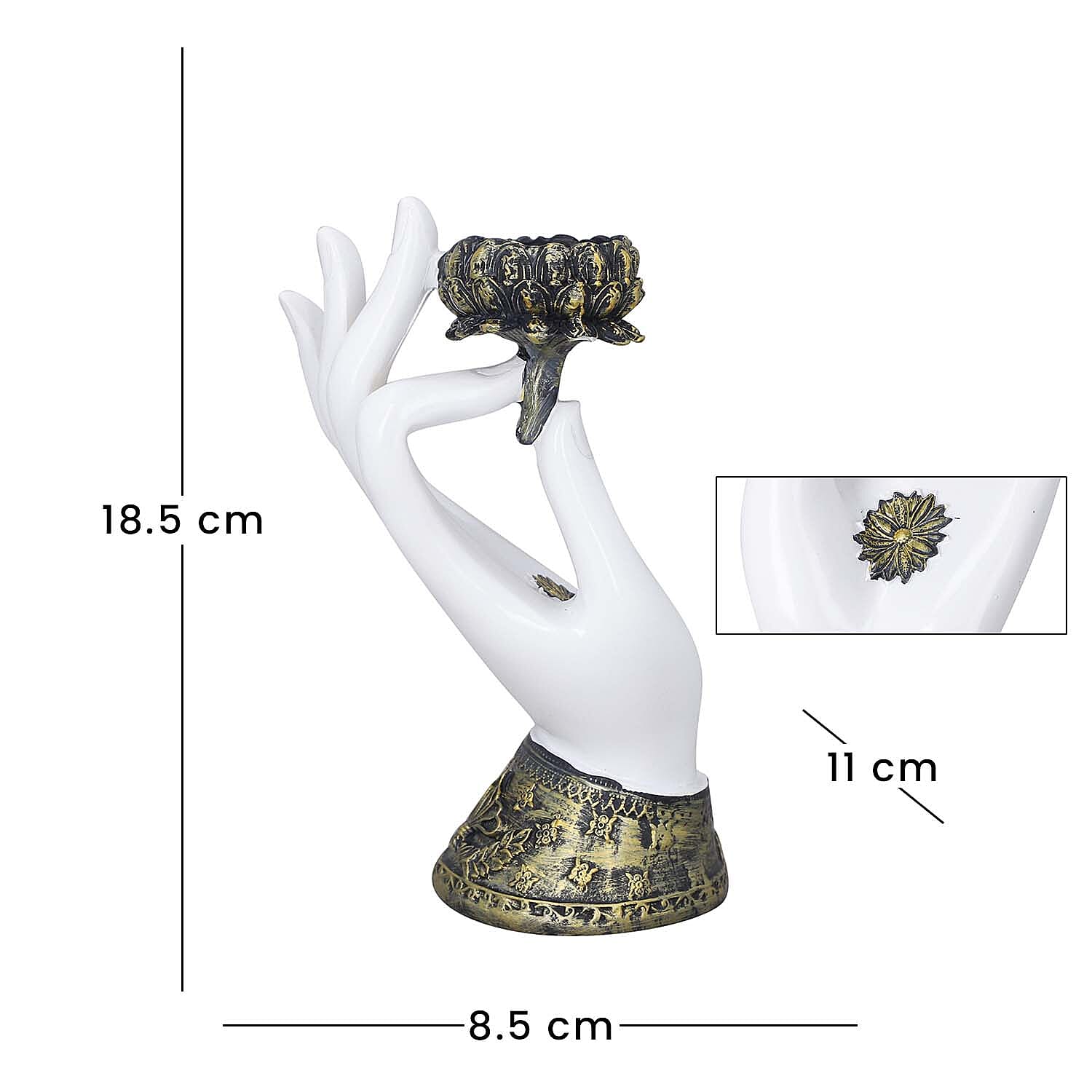 Decorative Standing Buddha Lotus Palm with Candelstick Holder (Size 18x11x8 Cm) - White, Black & Gold