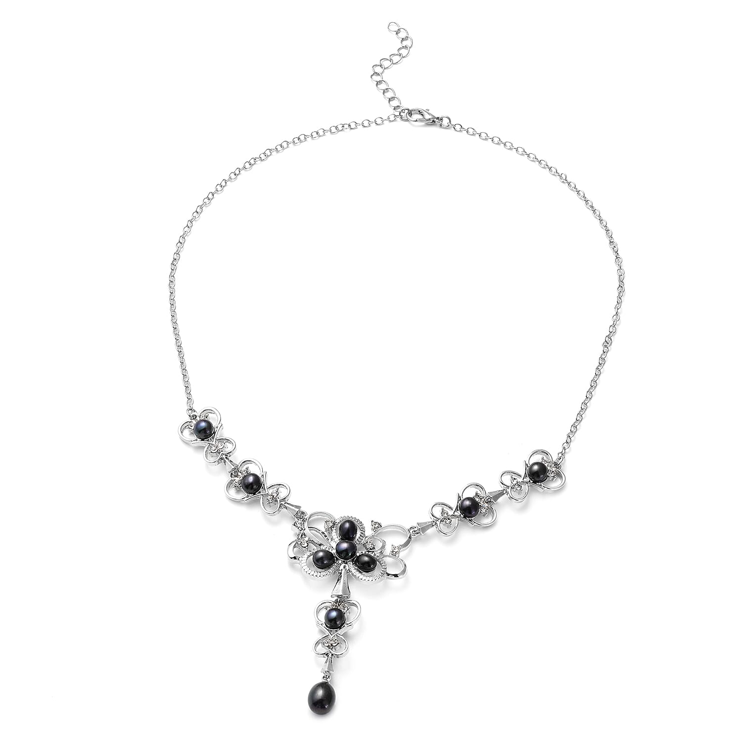 Freshwater Peacock Pearl and White Austrian Crystal Necklace (Size 20) in Silver Tone