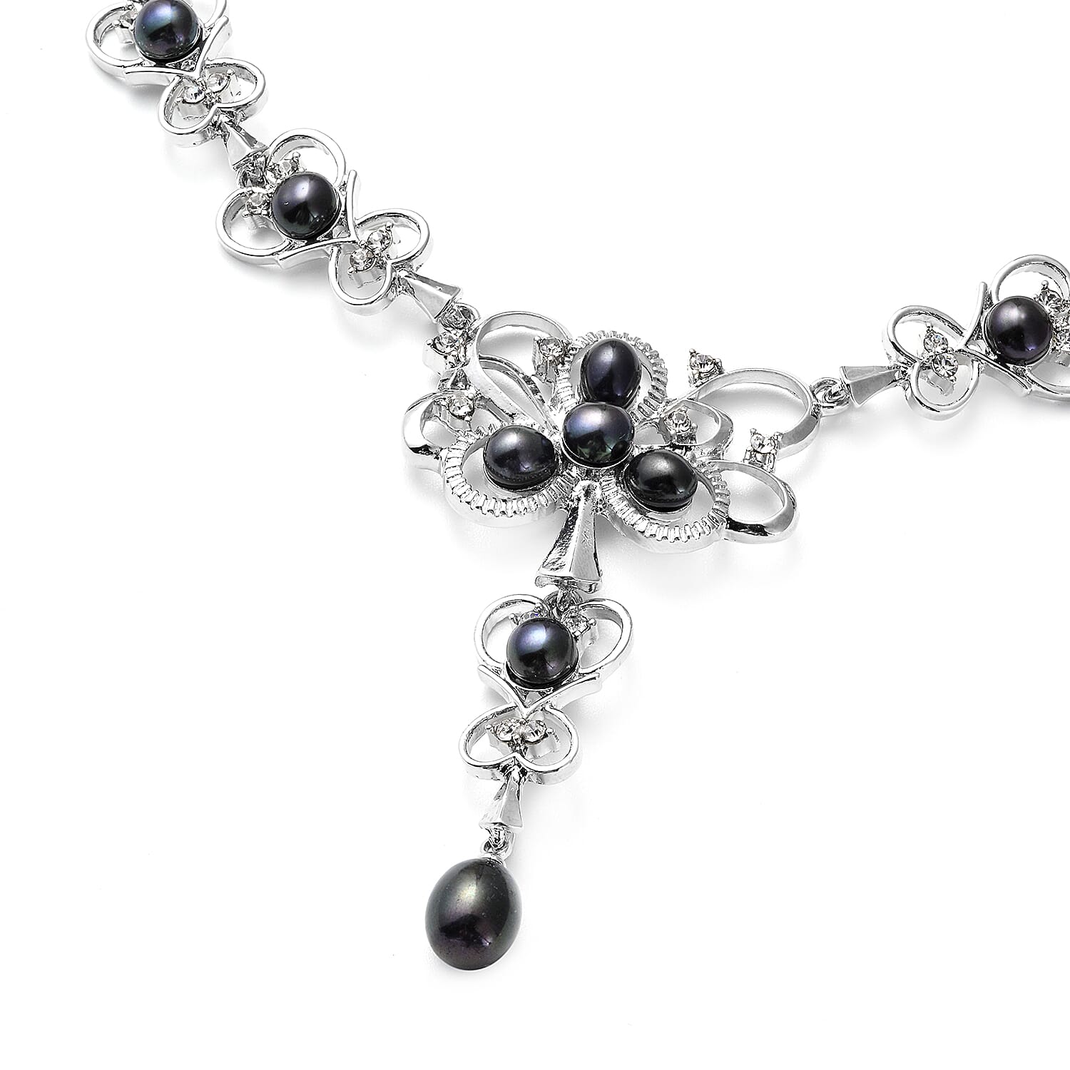 Freshwater Peacock Pearl and White Austrian Crystal Necklace (Size 20) in Silver Tone