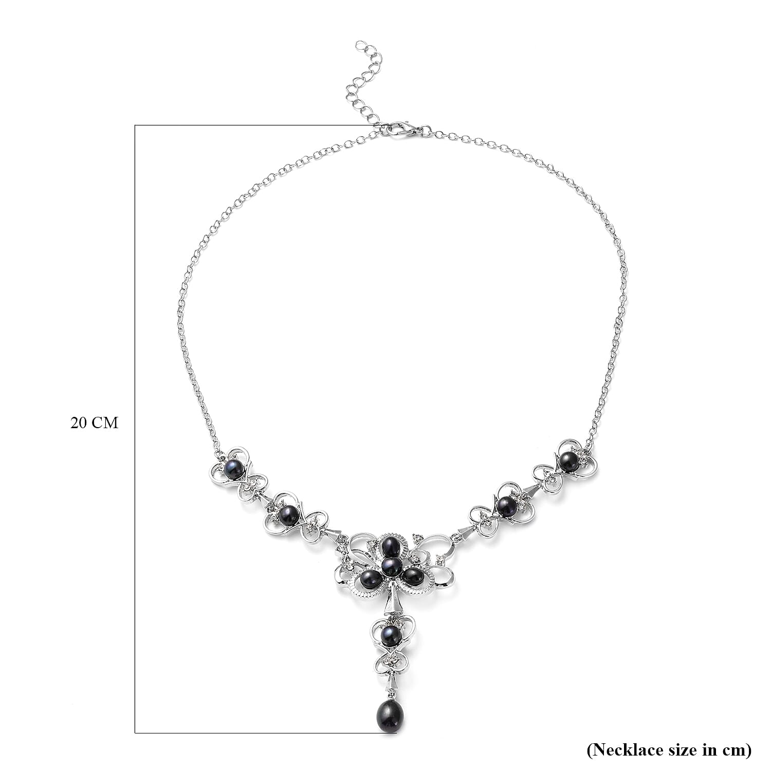 Freshwater Peacock Pearl and White Austrian Crystal Necklace (Size 20) in Silver Tone