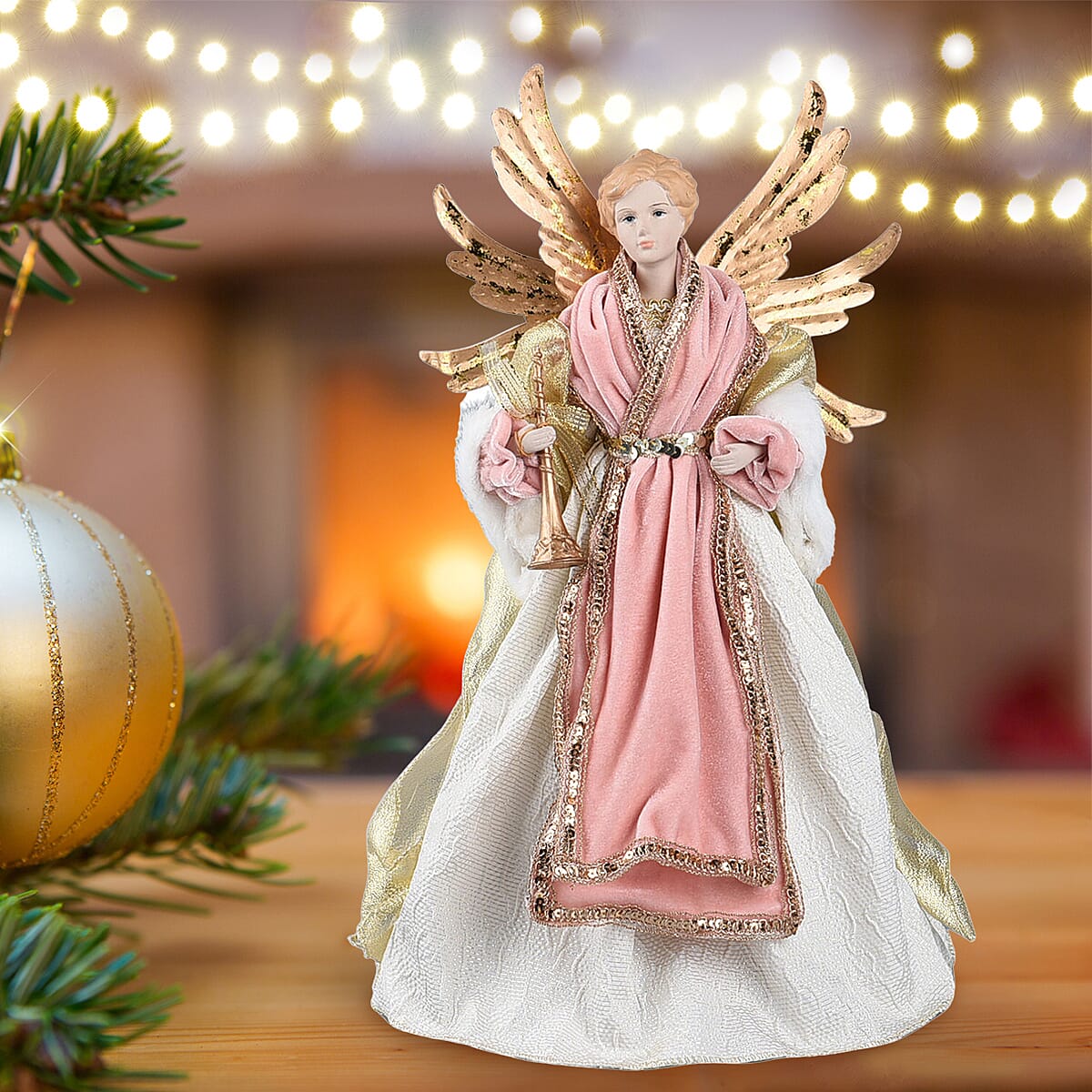 Christmas Decorative Angel Wearing Cream & Light Peach Dress (Size 40 Cm)