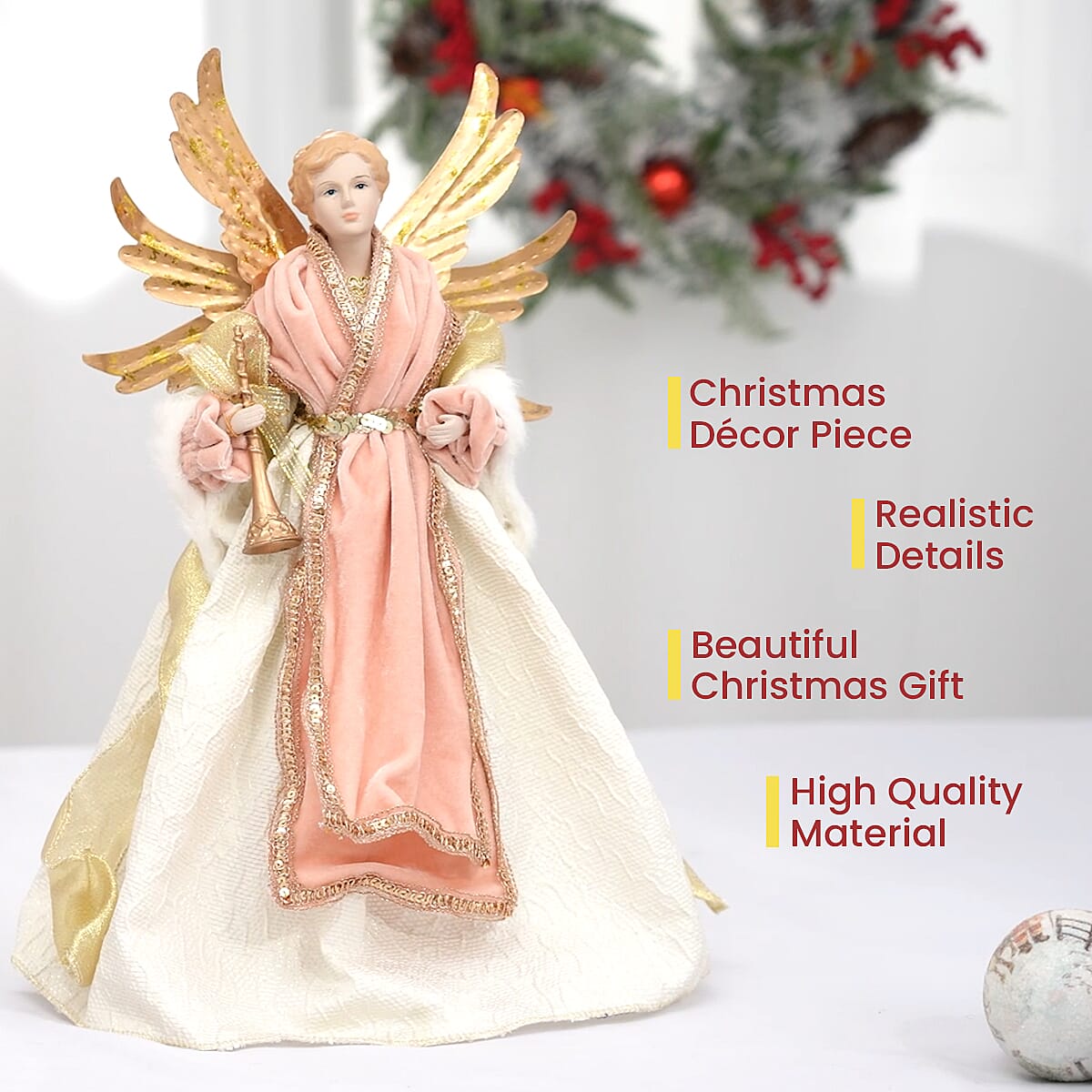 Christmas Decorative Angel Wearing Cream & Light Peach Dress (Size 40 Cm)