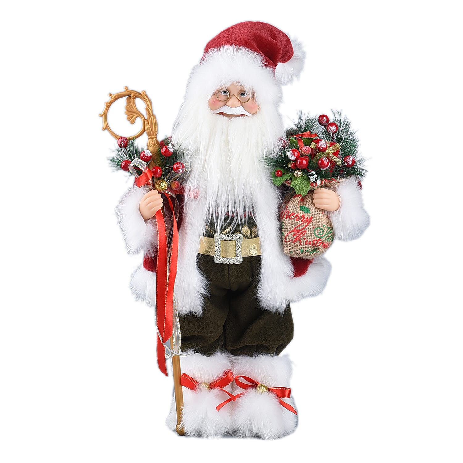 Christmas Decorative Santa Claus Holding Cane & Cherry Potting (Size 45x27x11Cm) - Dark Green & Maroon