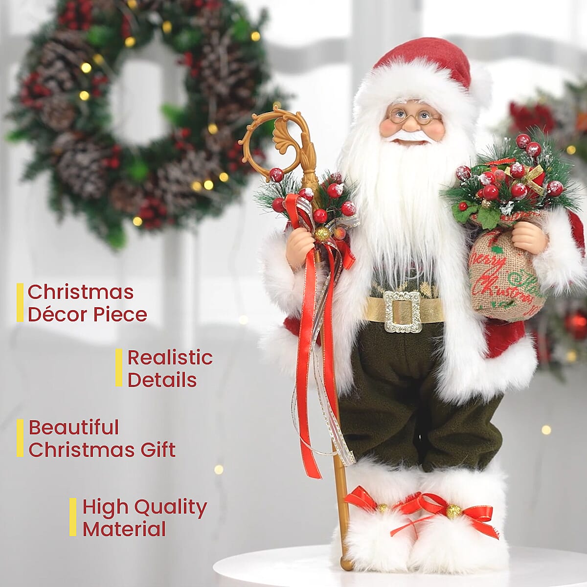 Christmas Decorative Santa Claus Holding Cane & Cherry Potting (Size 45x27x11Cm) - Dark Green & Maroon