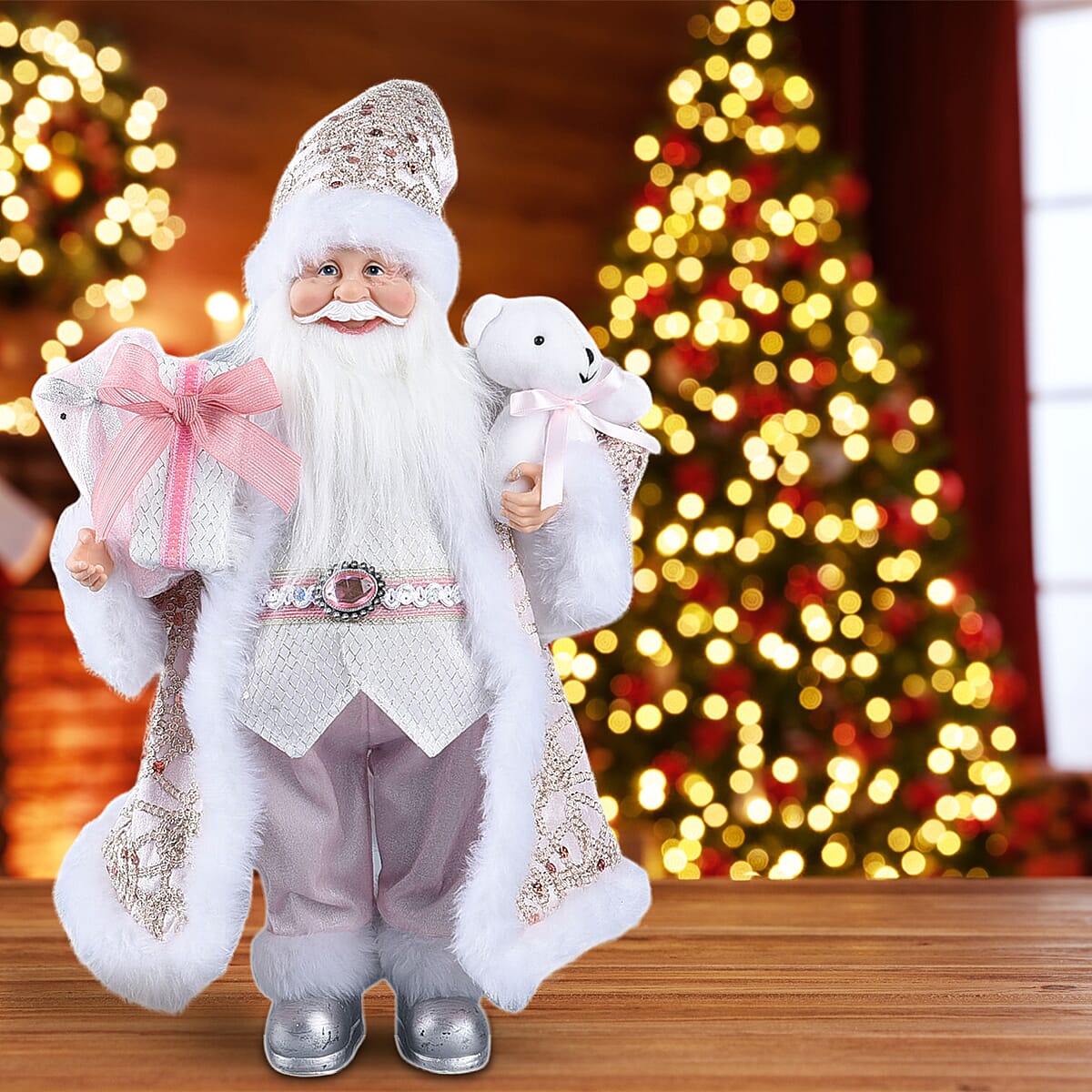 Christmas Decorative Santa Claus Holding Bear & Gifts (Size 45x27x11Cm) - White & Pink