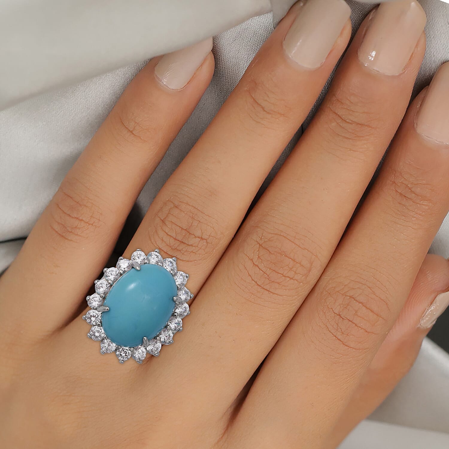 Arizona Sleeping Beauty Turquoise & Natural Zircon Ring in Rhodium Overlay Sterling Silver 12.75 Ct.