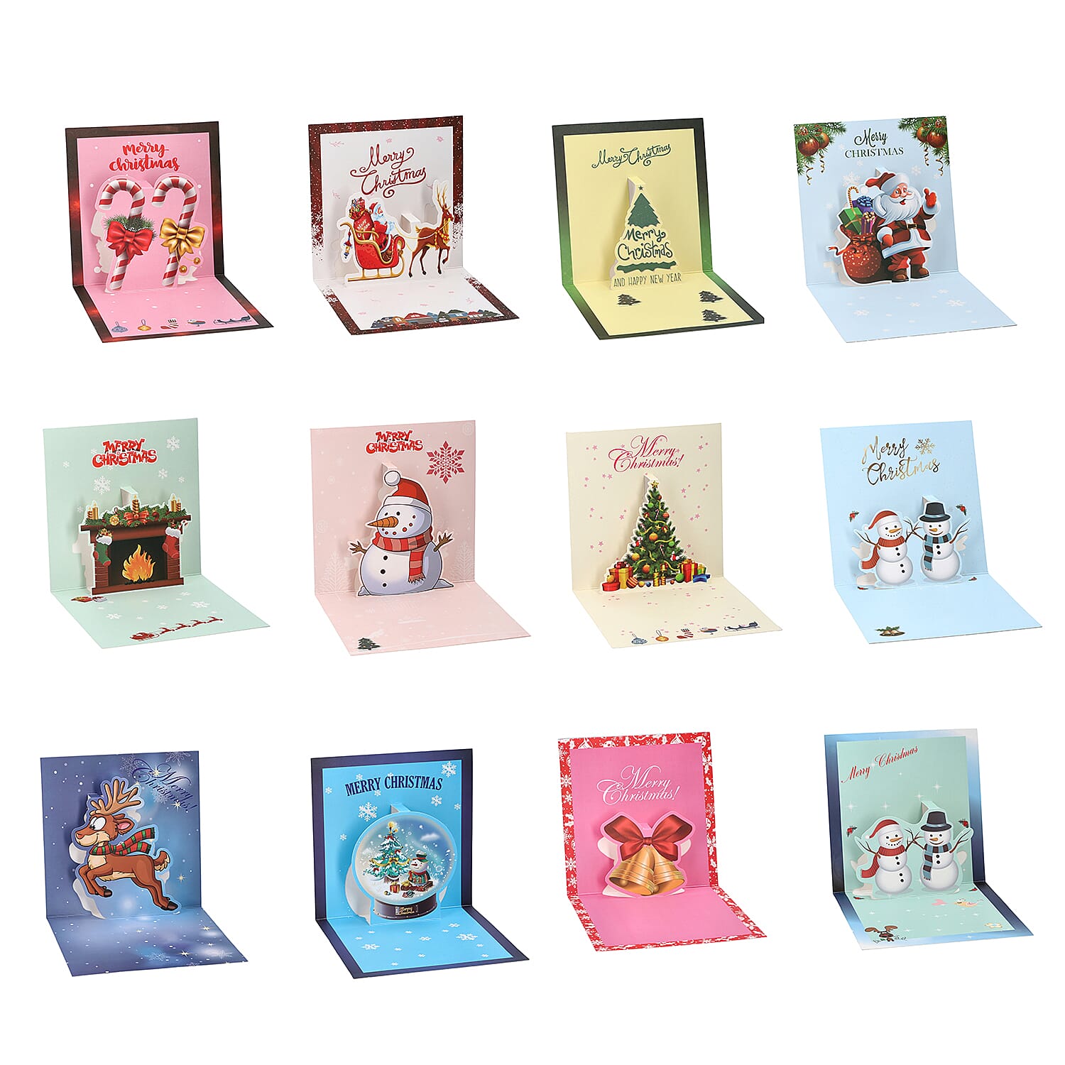 Set of 12 - Pop Up Christmas Cards with Envelopes in Gift Box - Multicolours