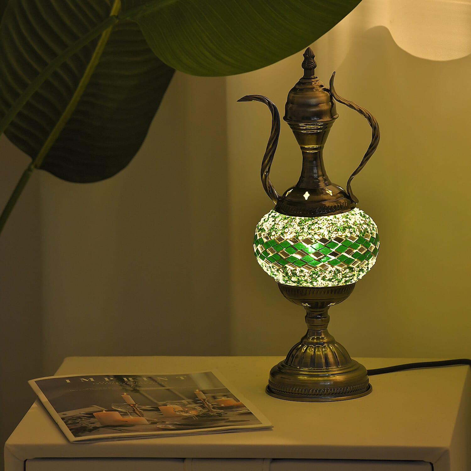 Handmade Wine Pot Turkish Mosaic Table Lamp with Bronze Base - Grey