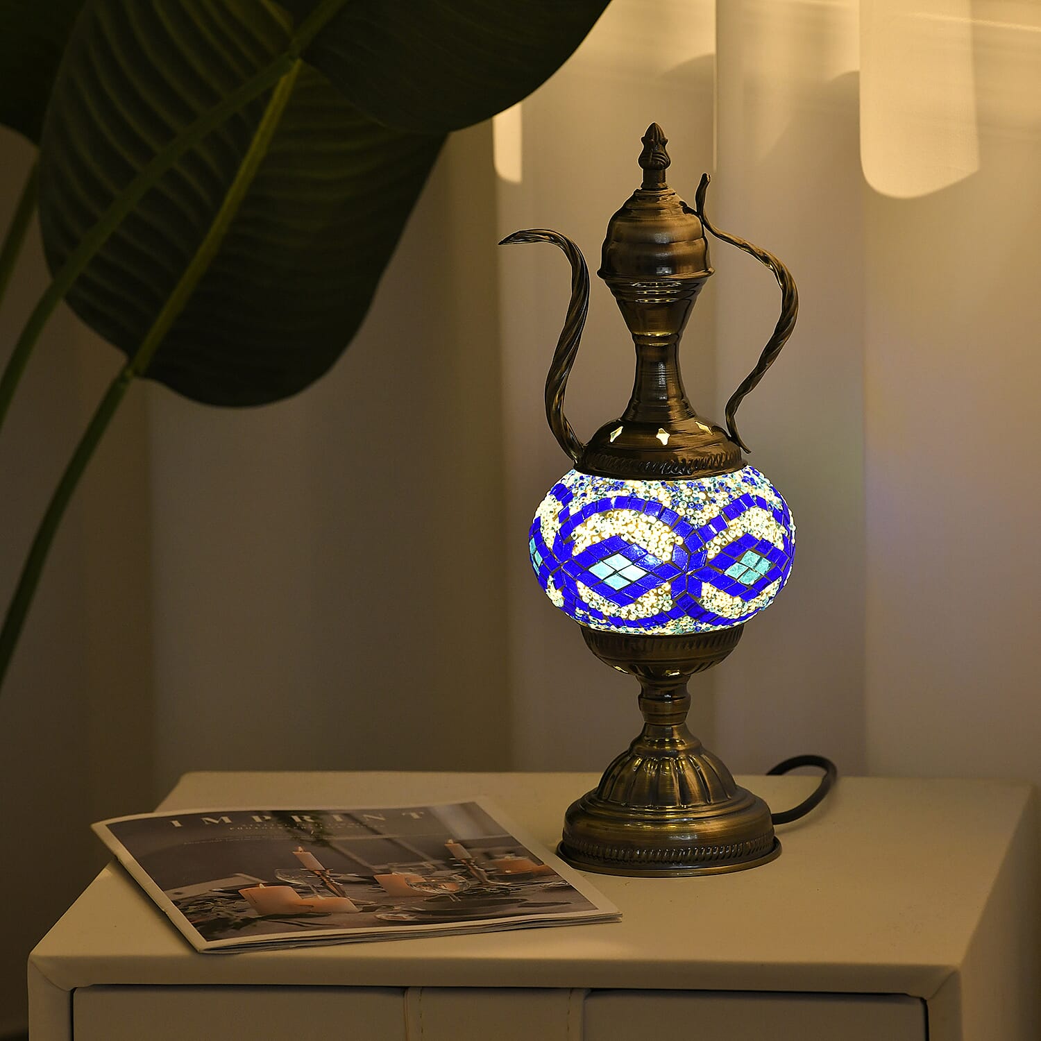 Handmade Turkish Mosaic Table Lamp (Size 38x12Cm) - Blue & White