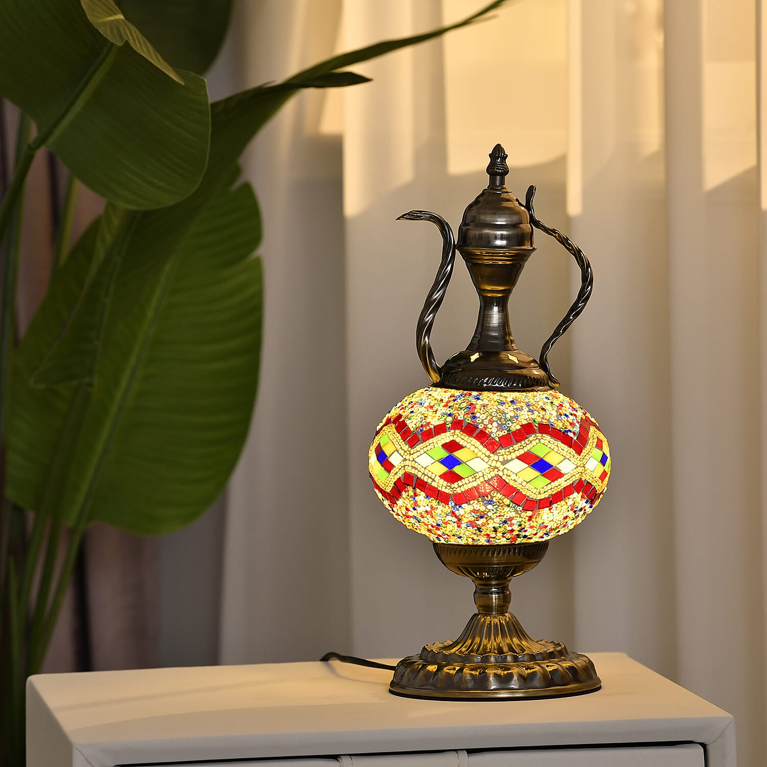 Handmade Turkish Mosaic Table Lamp (Size 42x18x18Cm) - Red & Multi