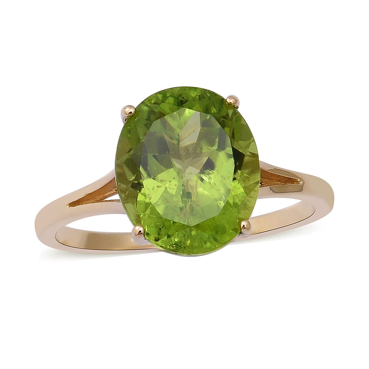 9K Yellow Gold Extremely Rare AA Natural Hebei Peridot (OV12x10) Solitaire Ring 4.50 Ct.