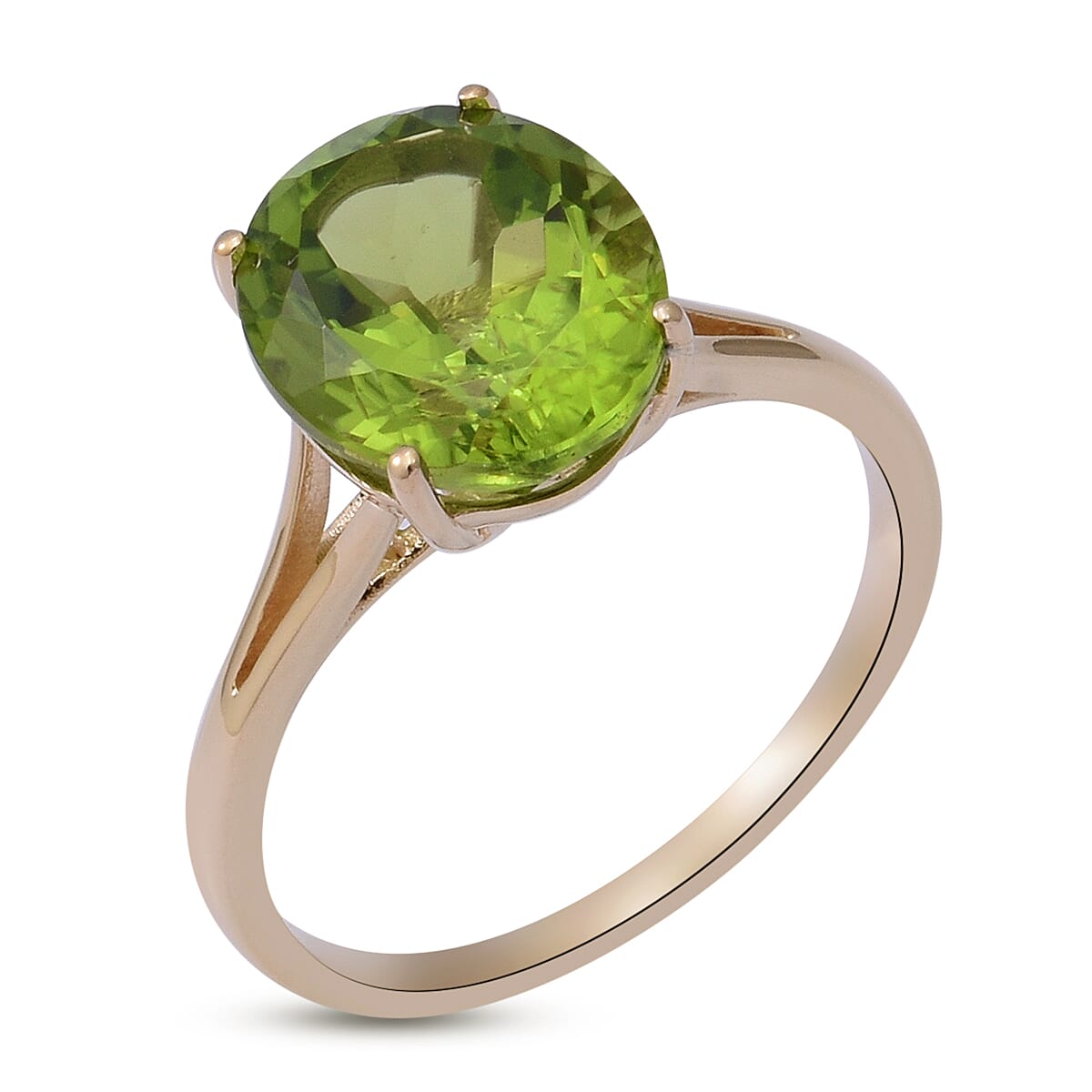 9K Yellow Gold Extremely Rare AA Natural Hebei Peridot (OV12x10) Solitaire Ring 4.50 Ct.