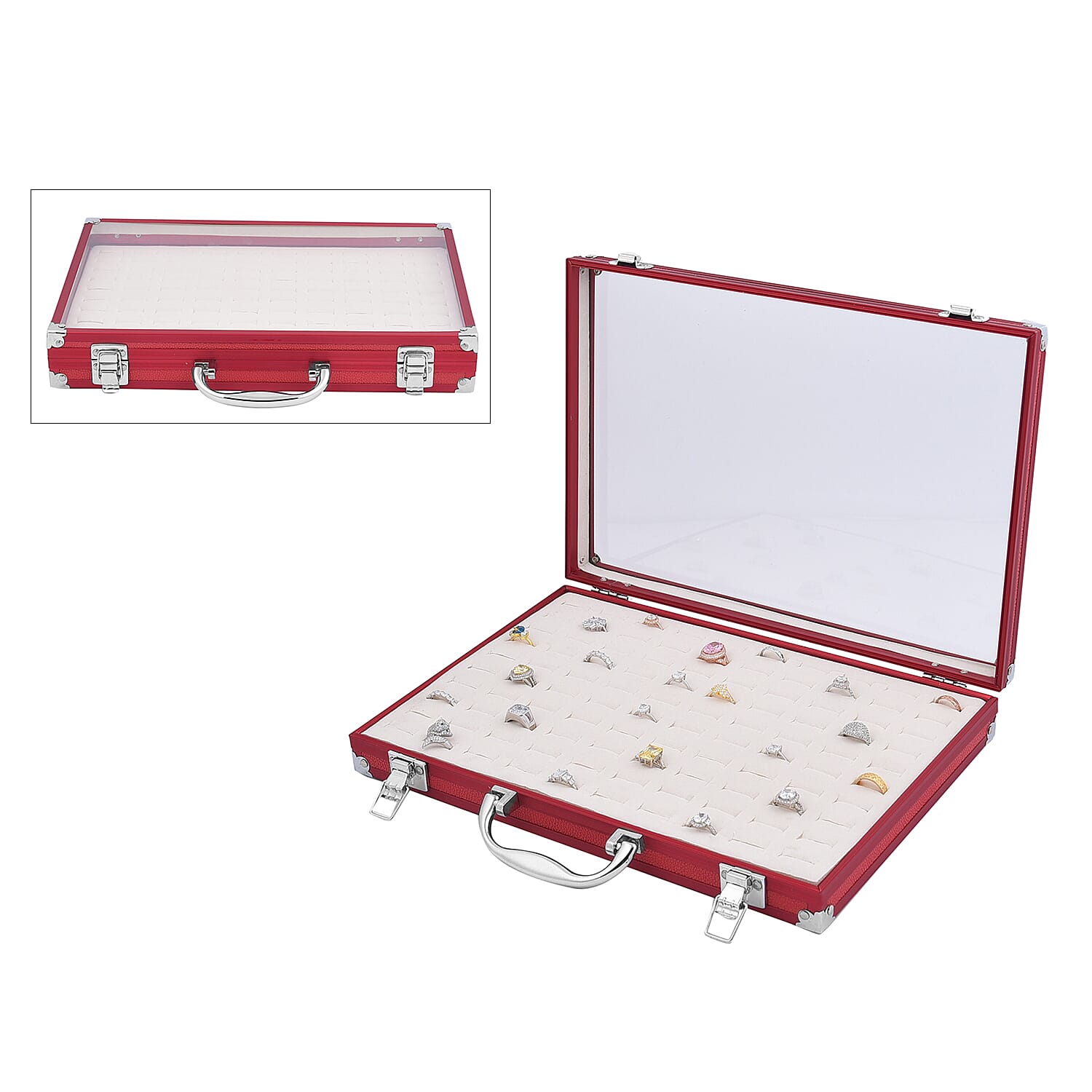 100 Slot Aluminium Jewellery Suitcase with Transparent Top and Lock (Size 35x24x5Cm) - Red