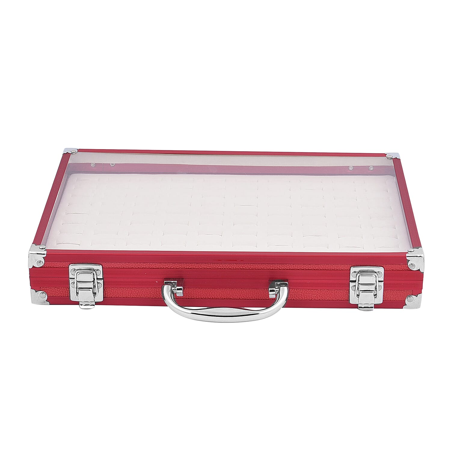 100 Slot Aluminium Jewellery Suitcase with Transparent Top and Lock (Size 35x24x5Cm) - Red