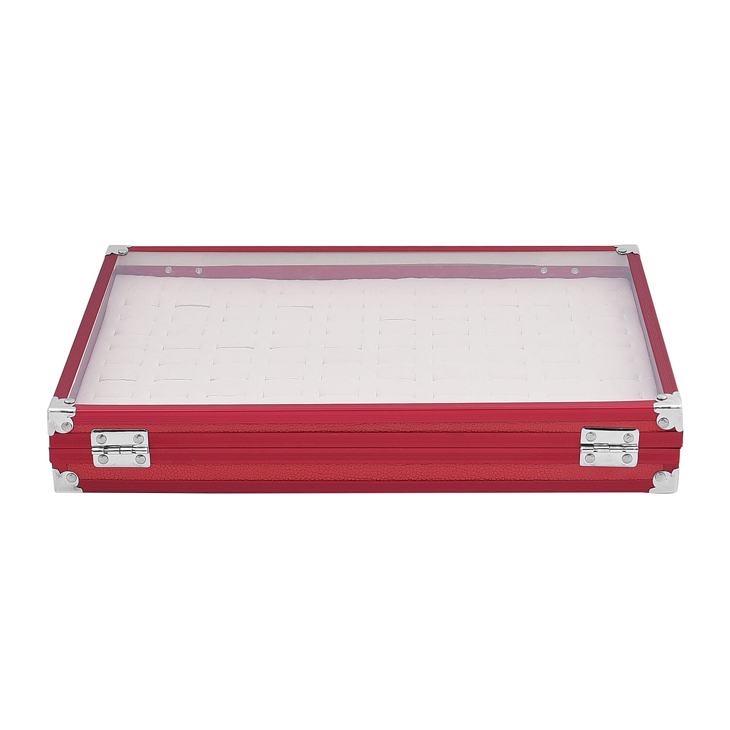 100 Slot Aluminium Jewellery Suitcase with Transparent Top and Lock (Size 35x24x5Cm) - Red