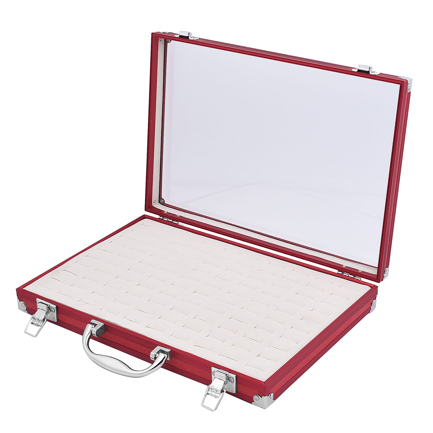 100 Slot Aluminium Jewellery Suitcase with Transparent Top and Lock (Size 35x24x5Cm) - Red