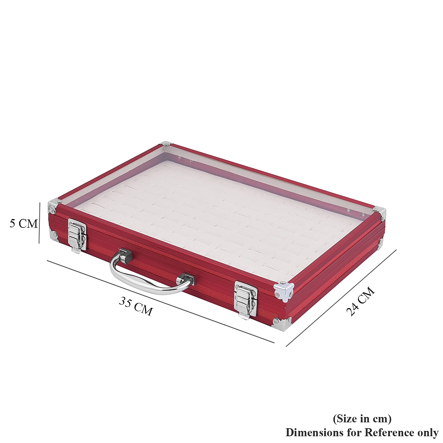 100 Slot Aluminium Jewellery Suitcase with Transparent Top and Lock (Size 35x24x5Cm) - Red