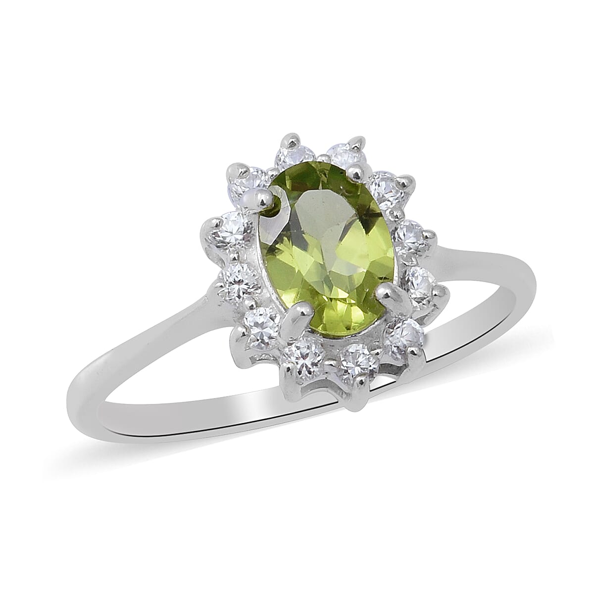 Hebei Peridot and Natural Cambodian Zircon Halo Ring in Sterling Silver 1.06 Ct.