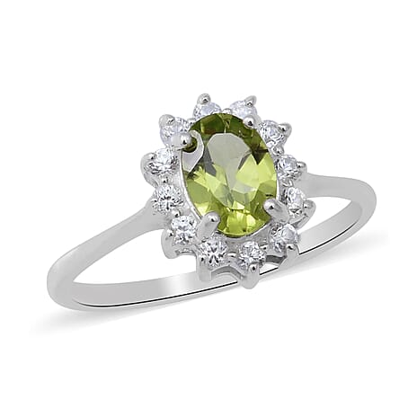 Hebei Peridot and Natural Cambodian Zircon Halo Ring in Sterling Silver 1.06 Ct.