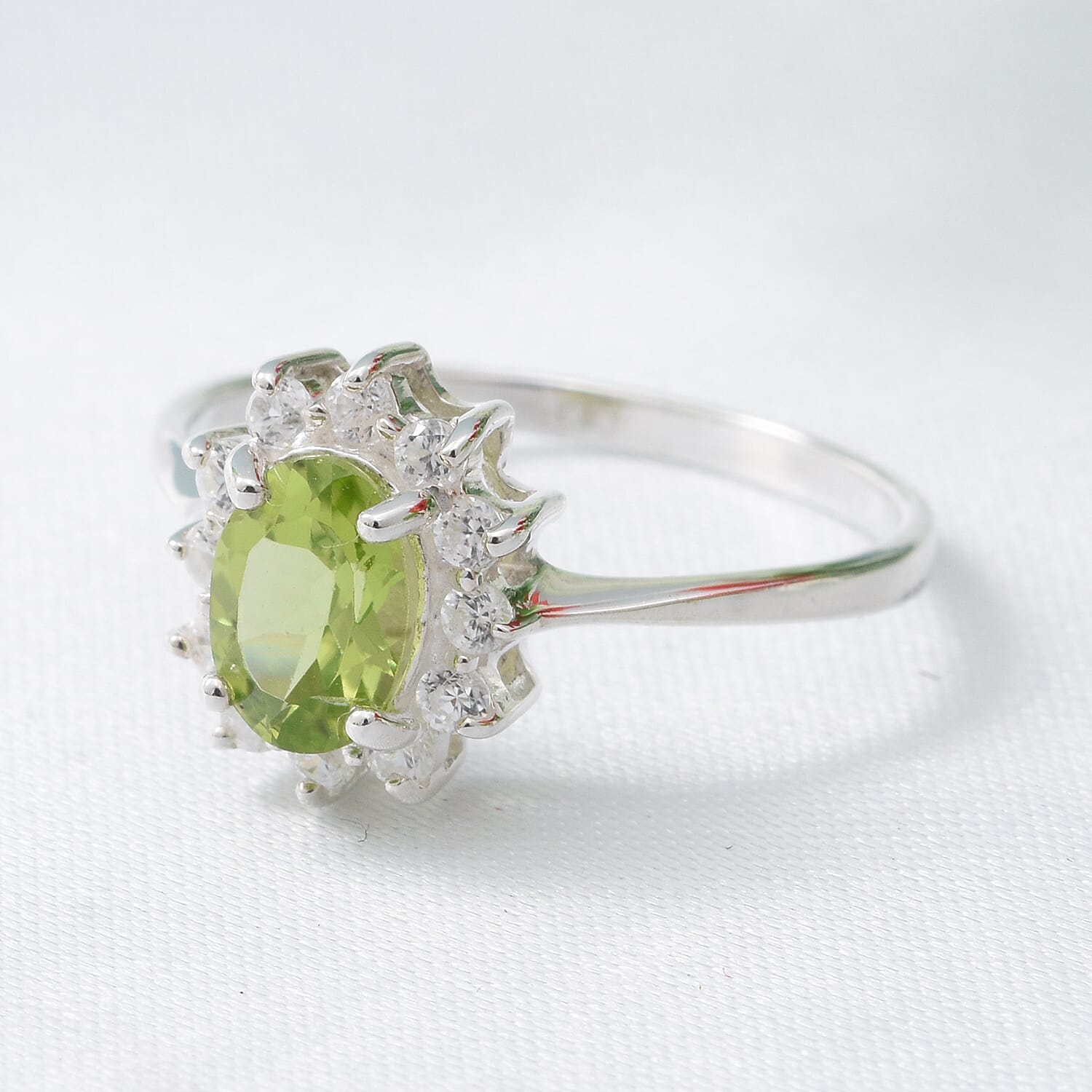 Hebei Peridot and Natural Cambodian Zircon Halo Ring in Sterling Silver 1.06 Ct.
