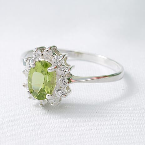 Hebei Peridot and Natural Cambodian Zircon Halo Ring in Sterling Silver 1.06 Ct.