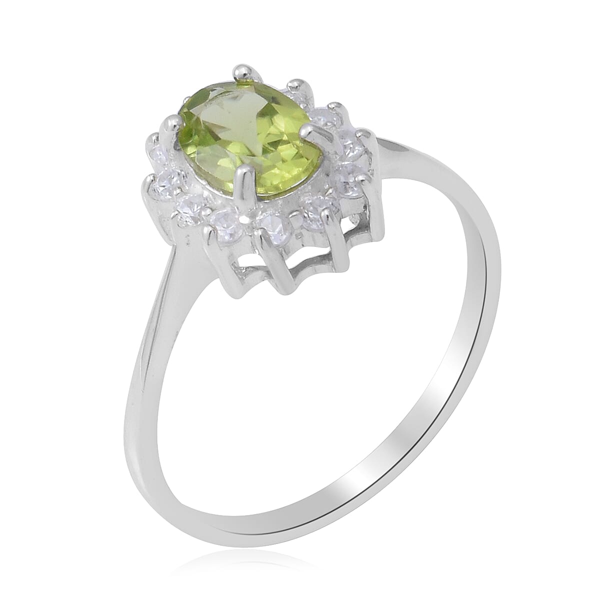 Hebei Peridot and Natural Cambodian Zircon Halo Ring in Sterling Silver 1.06 Ct.