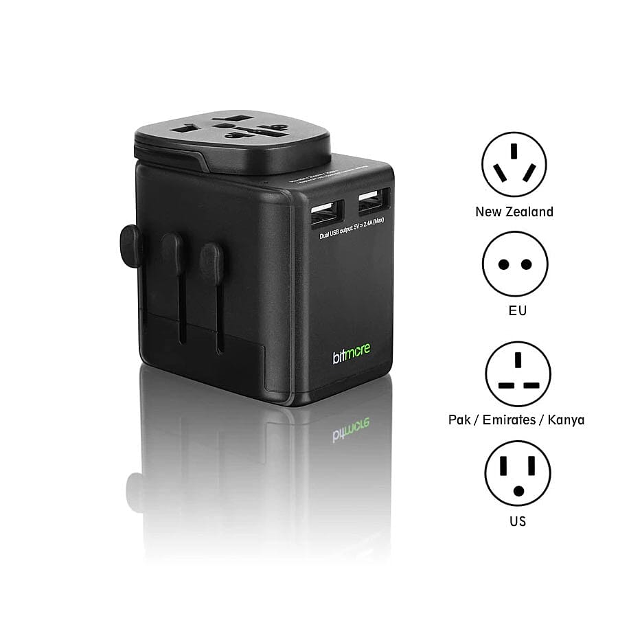 Bitmore Universal Worldwide Travel Adapter with USB Ports - BS8546 Certified