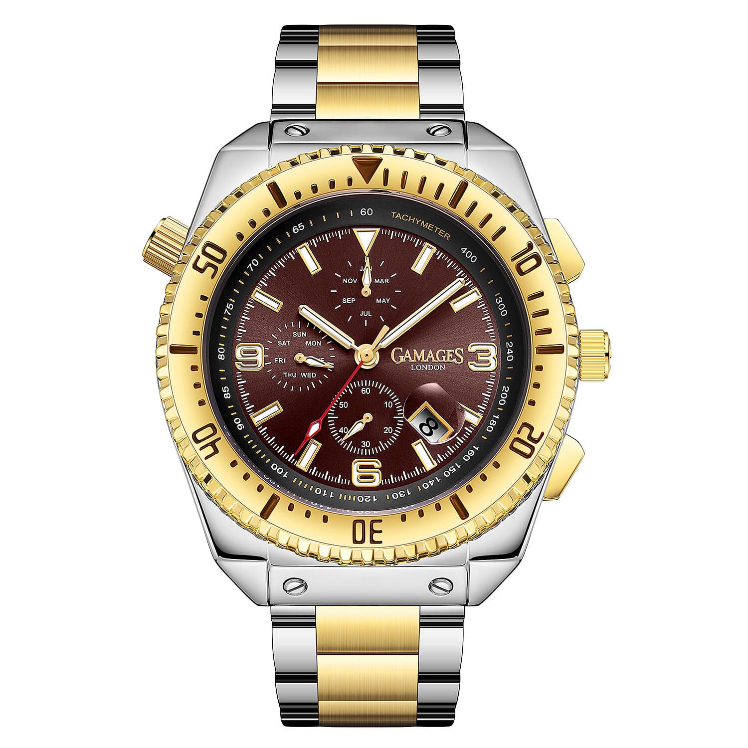 Limited Edition- GAMAGES OF LONDON Limited Edition Hand Assembled Racing Automatic Movement Red Dial Water Resistant Watch with Two Tone Colour Chain Strap