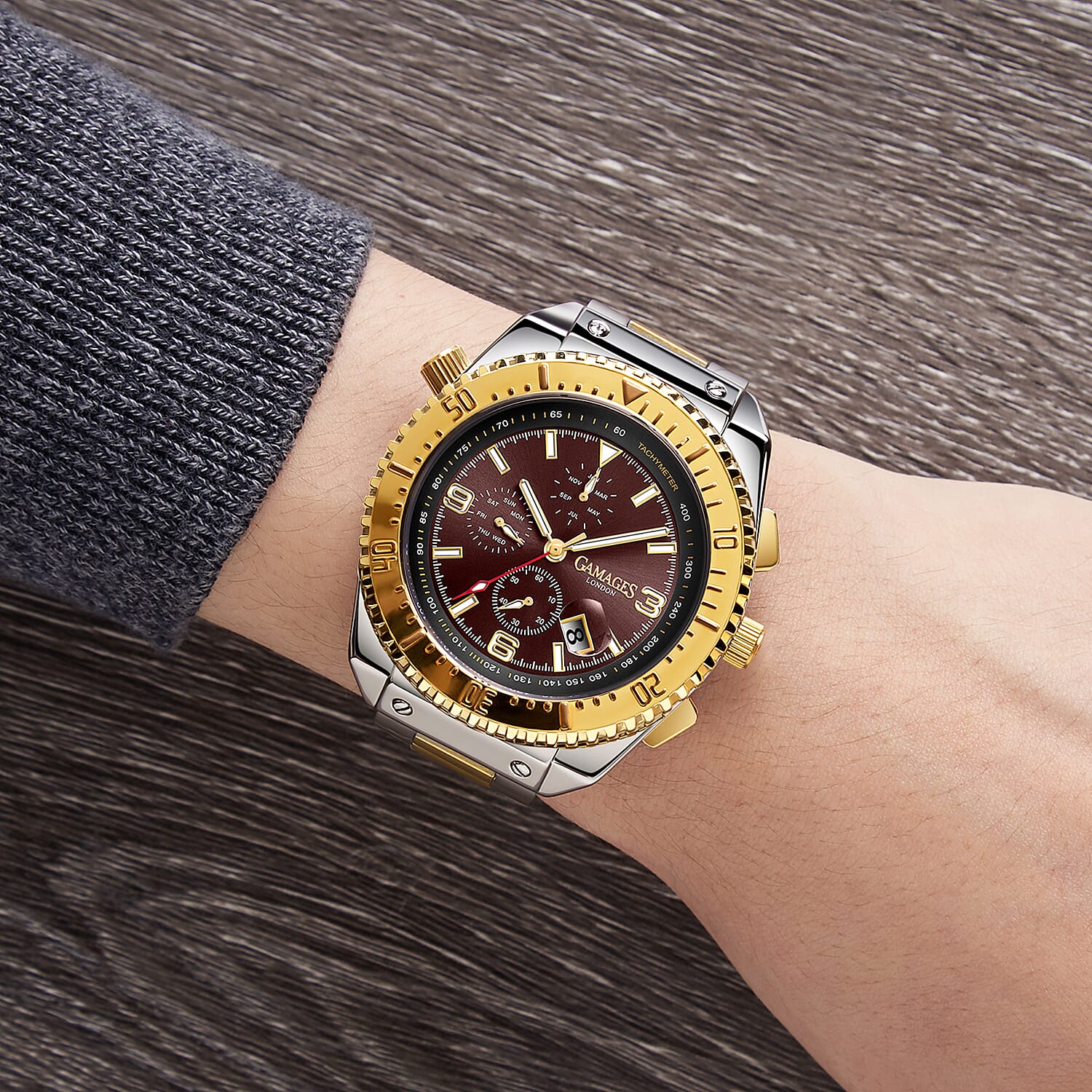 Limited Edition- GAMAGES OF LONDON Limited Edition Hand Assembled Racing Automatic Movement Red Dial Water Resistant Watch with Two Tone Colour Chain Strap