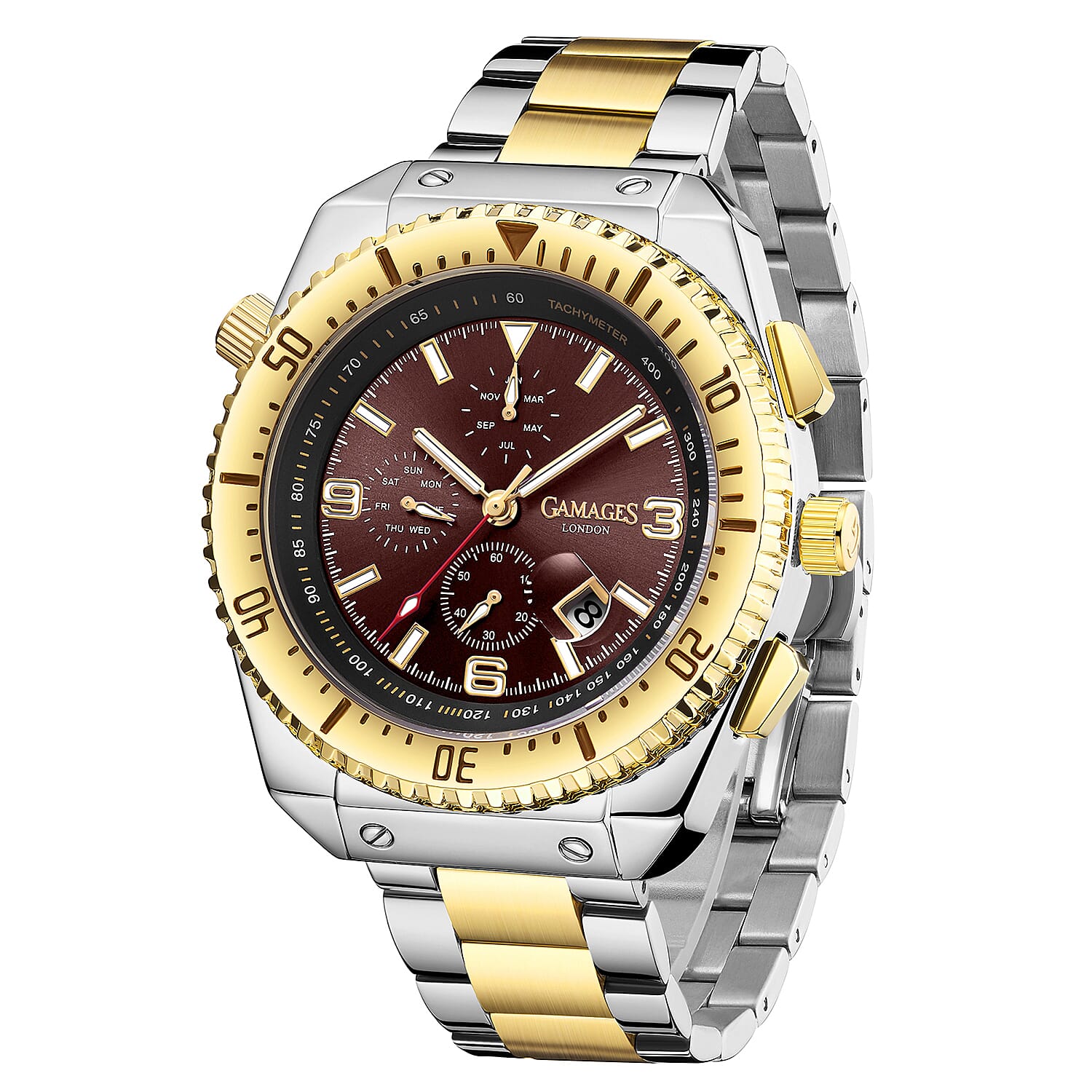 Limited Edition- GAMAGES OF LONDON Limited Edition Hand Assembled Racing Automatic Movement Red Dial Water Resistant Watch with Two Tone Colour Chain Strap