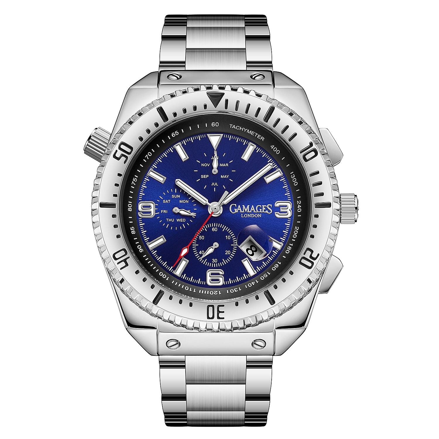 Limited Edition- GAMAGES OF LONDON Limited Edition Hand Assembled Racing Automatic Movement Blue Dial Water Resistant Watch with Silver Colour Chain Strap