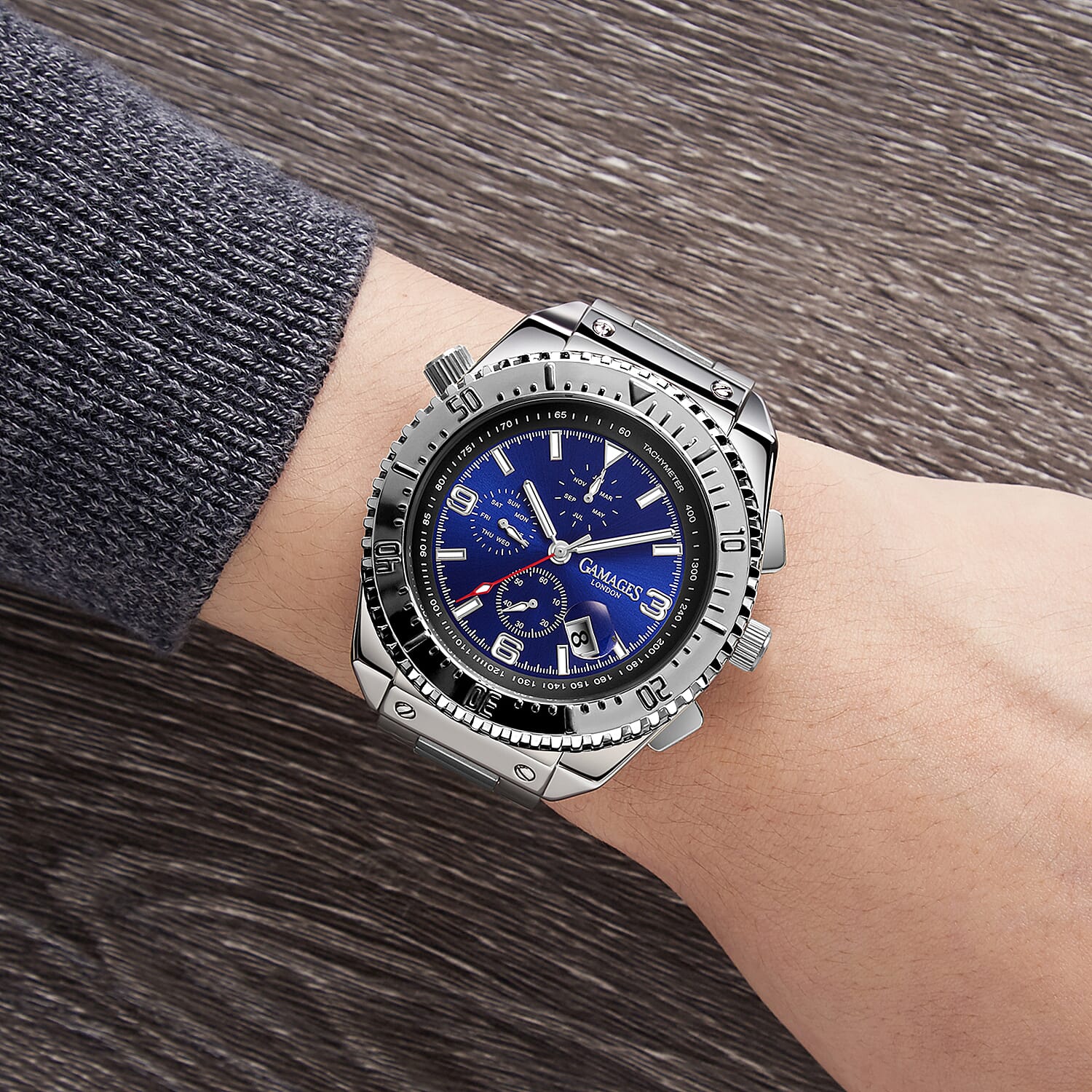 Limited Edition- GAMAGES OF LONDON Limited Edition Hand Assembled Racing Automatic Movement Blue Dial Water Resistant Watch with Silver Colour Chain Strap