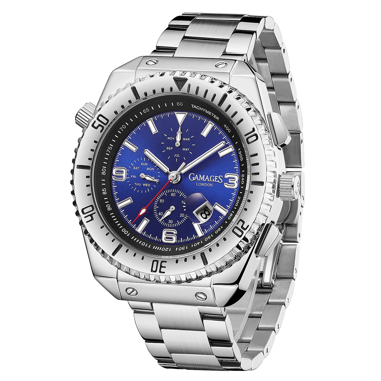 Limited Edition- GAMAGES OF LONDON Limited Edition Hand Assembled Racing Automatic Movement Blue Dial Water Resistant Watch with Silver Colour Chain Strap